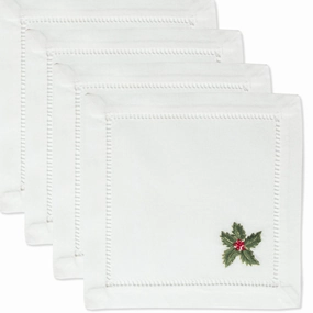 Set of 4 White Cotton Holly Christmas Cocktail Napkins cute desktop display