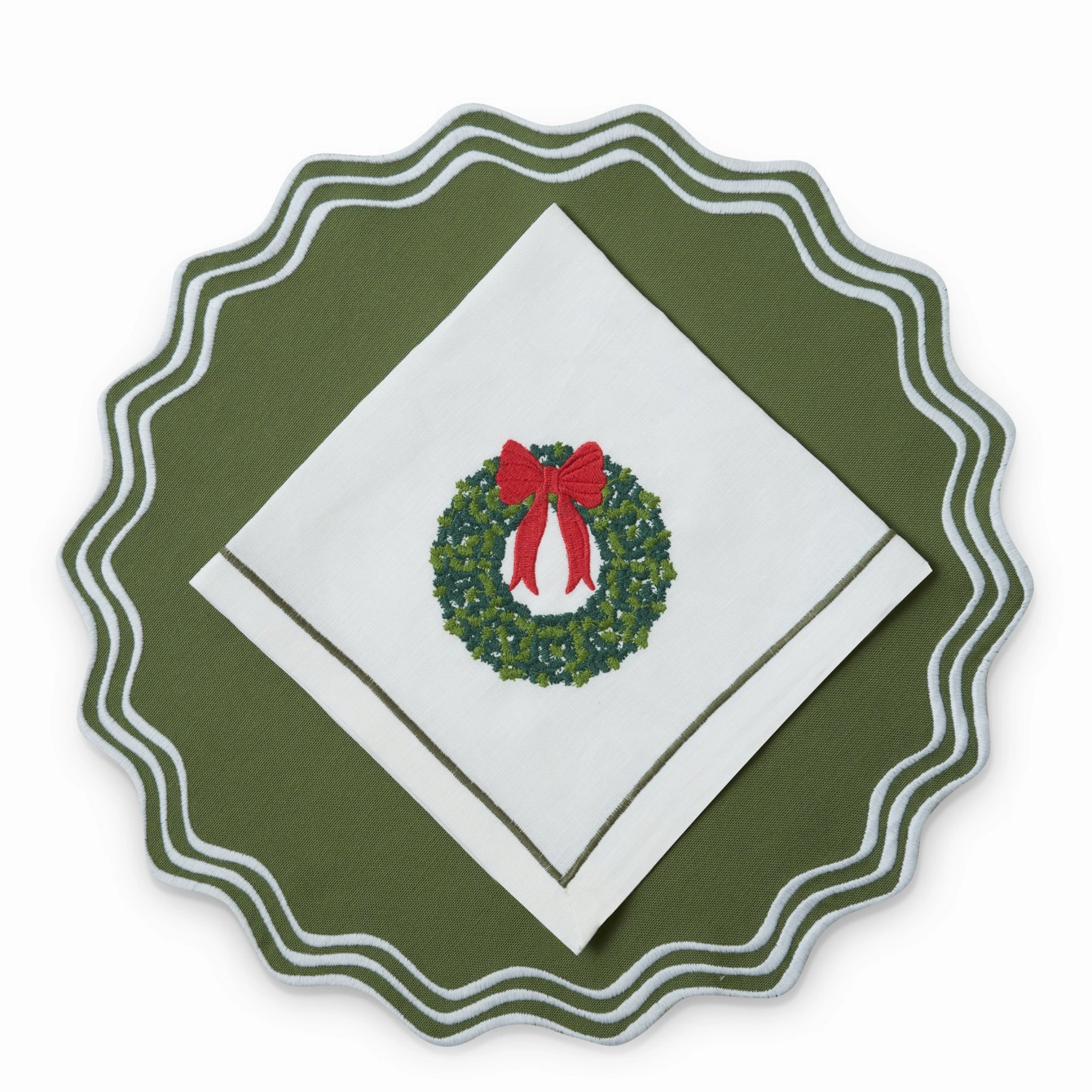 Set of 4 Wreath Green & White Embroidered Placemats