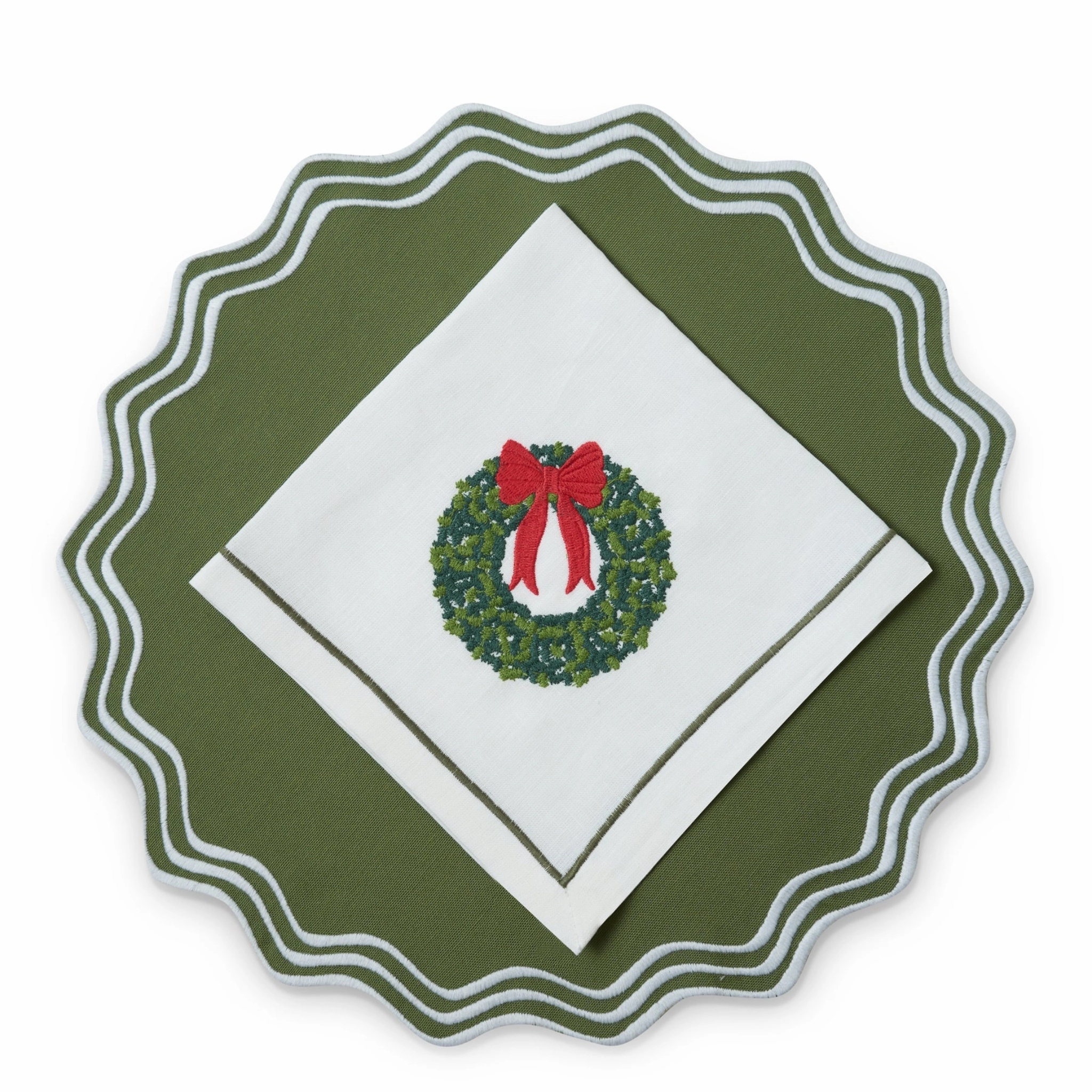 Set of 4 Wreath Green & White Embroidered Placemats