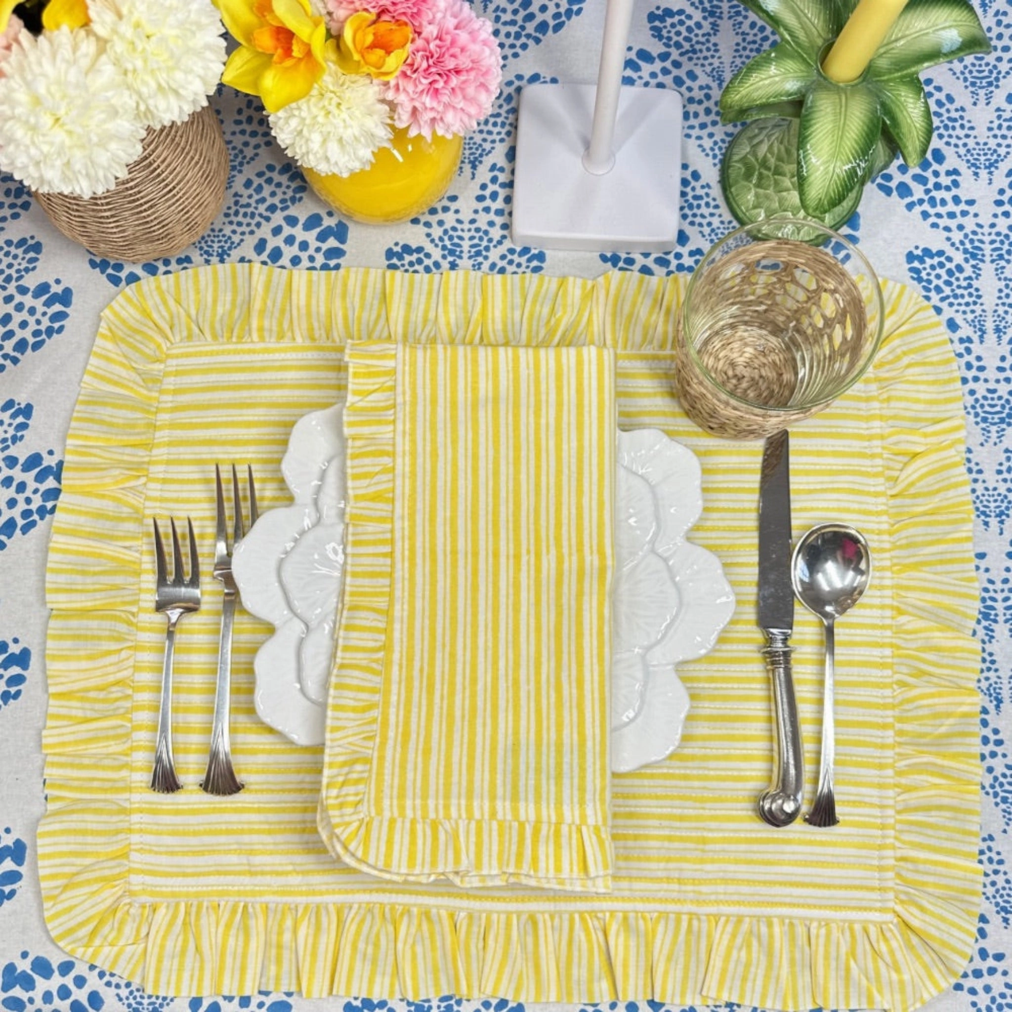 Set of 4 Yellow Striped Quilted Placemats with Ruffle