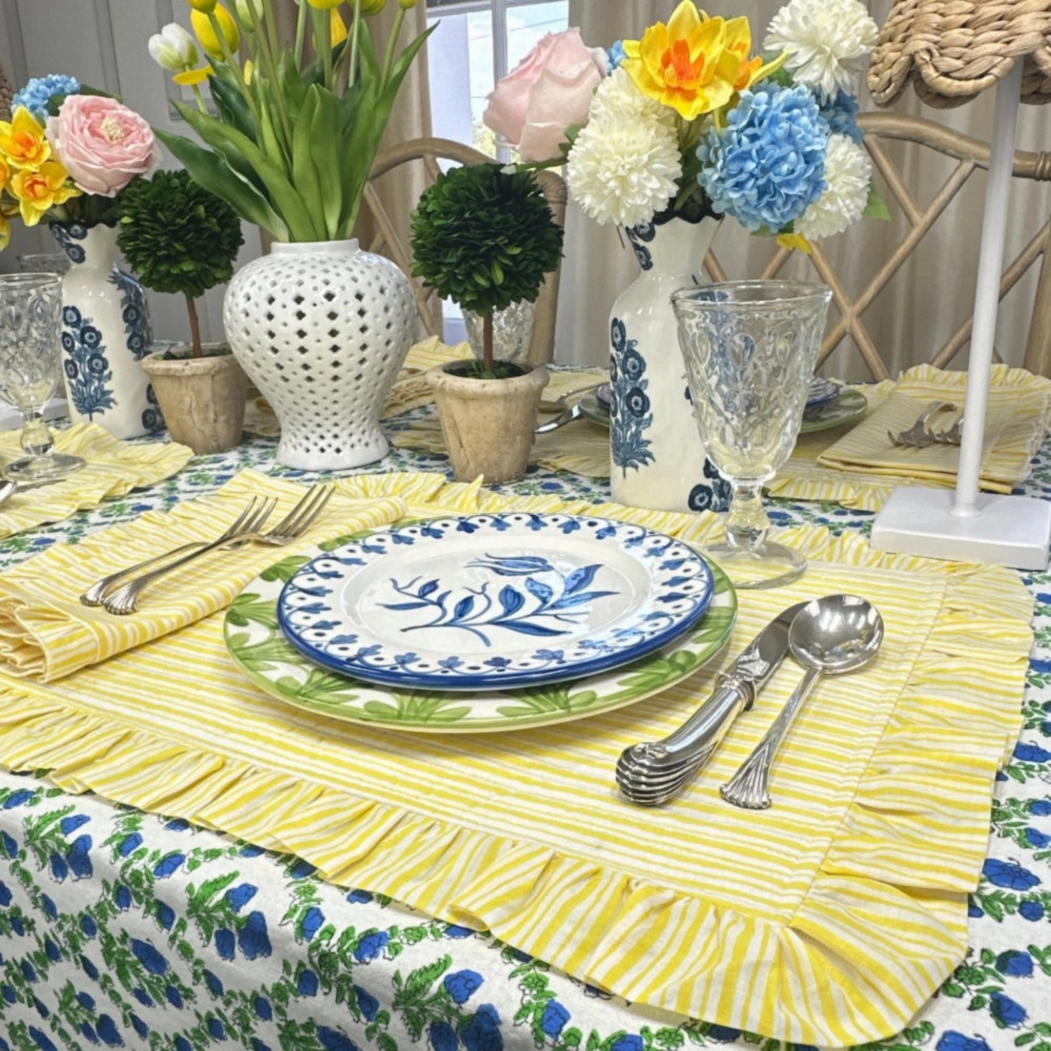 Set of 4 Yellow Striped Quilted Placemats with Ruffle