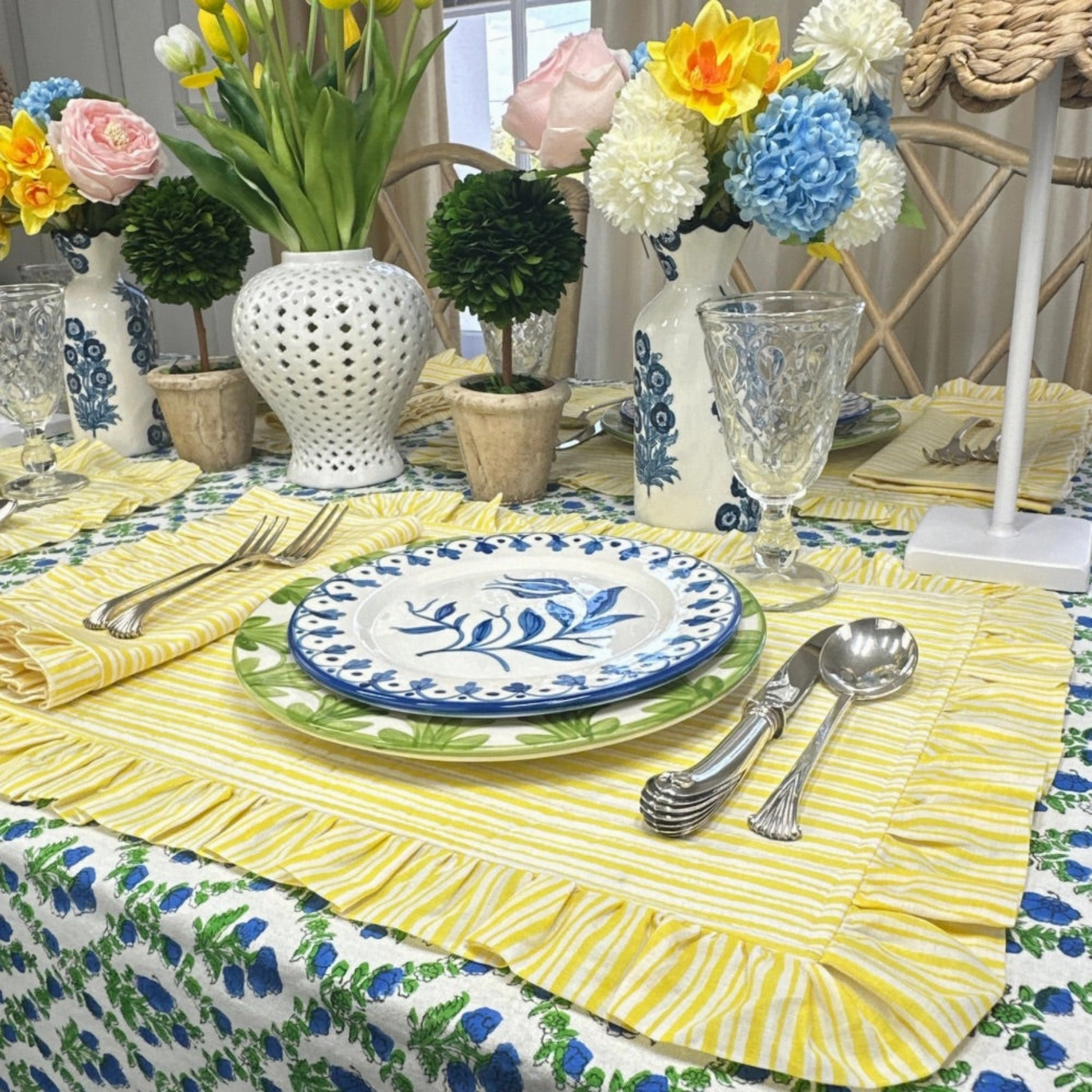 Set of 4 Yellow Striped Quilted Placemats with Ruffle