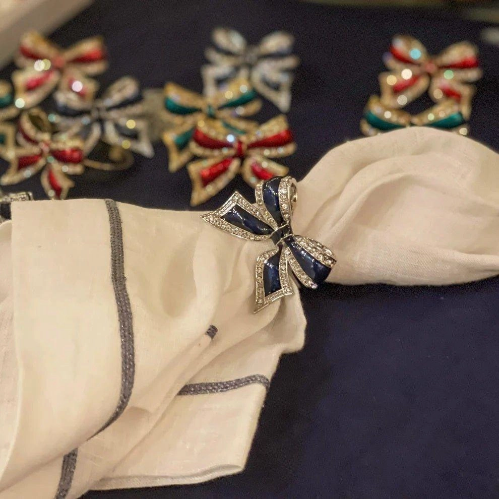 Set of Four Navy Enamel Bow Skinny Napkin Rings