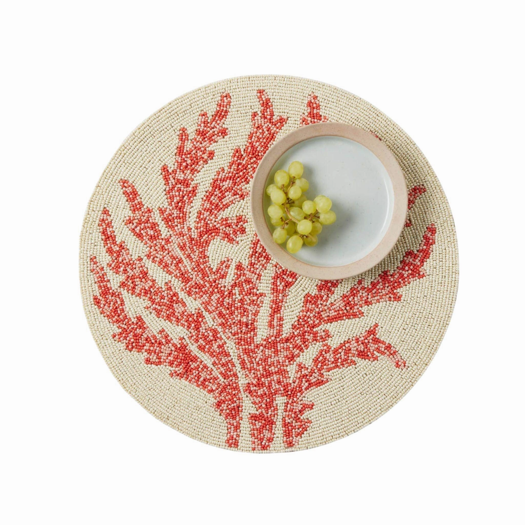 Set of Four Red Coral Glass Bead Round Placemats