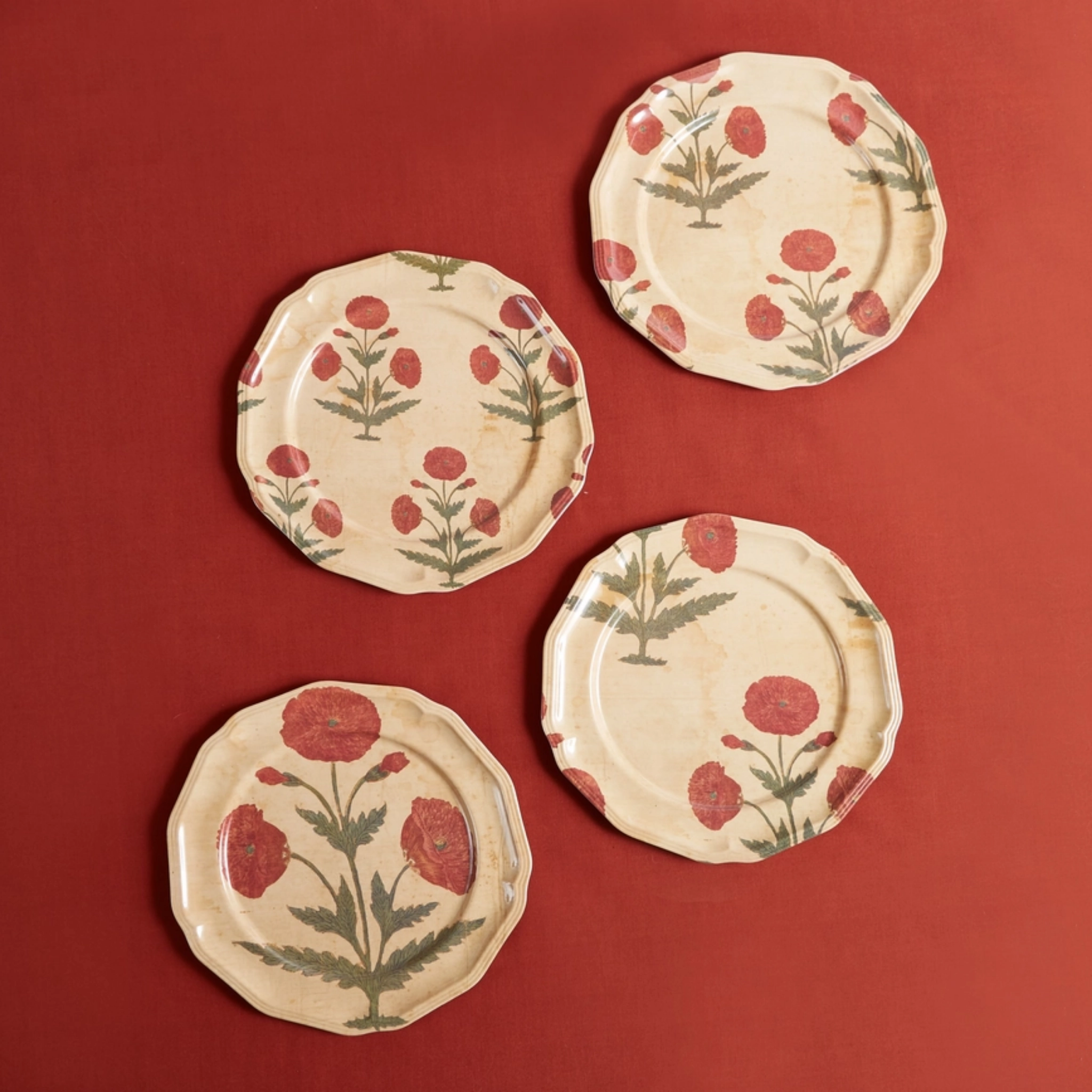 Set of Four Red Poppy Side Plates