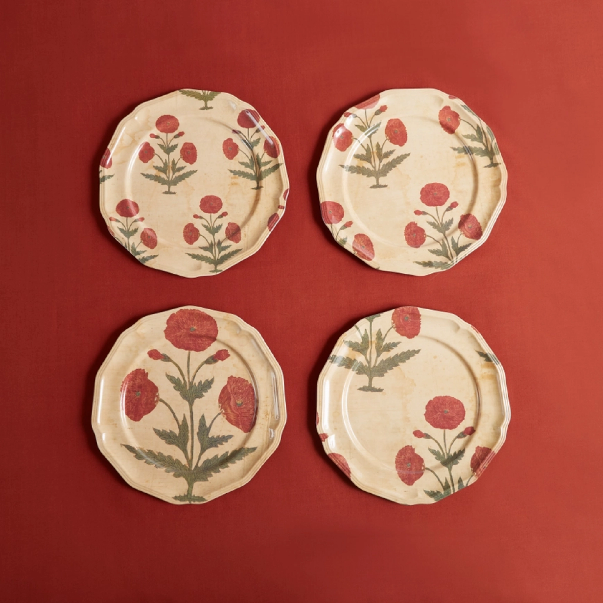 Set of Four Red Poppy Side Plates
