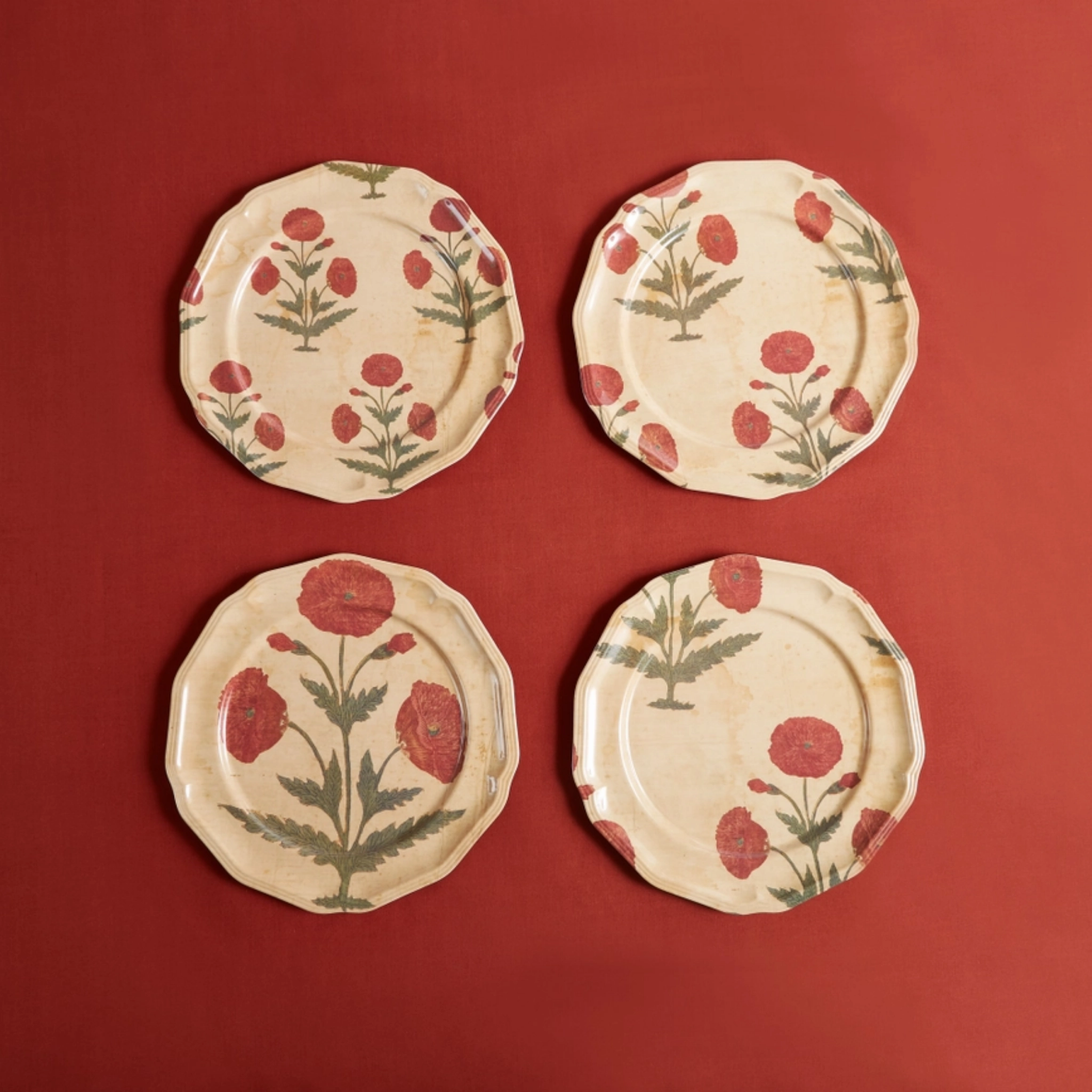 Set of Four Red Poppy Side Plates