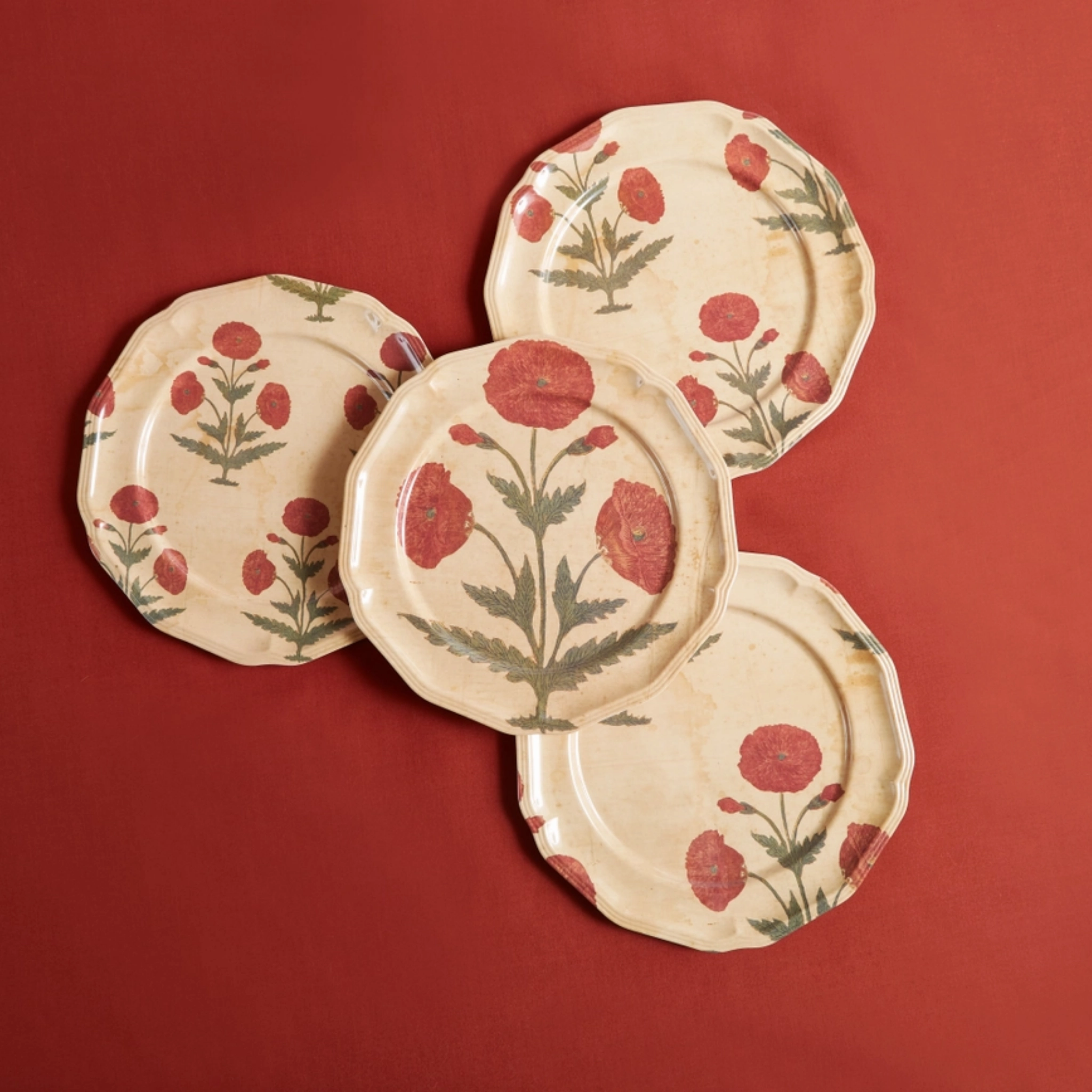 Set of Four Red Poppy Side Plates