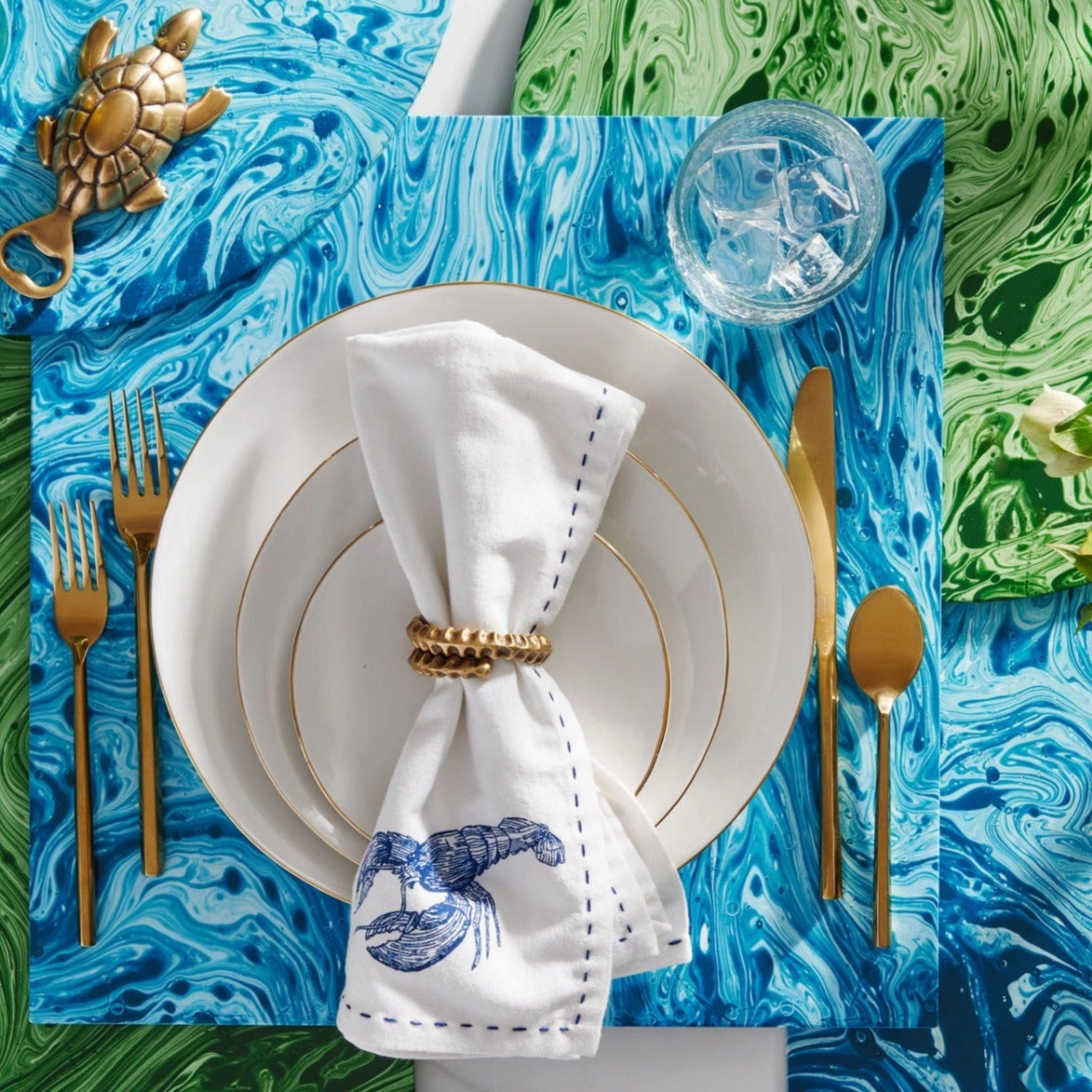 Set of Four White Cotton Napkins Lobster Motif Napkins