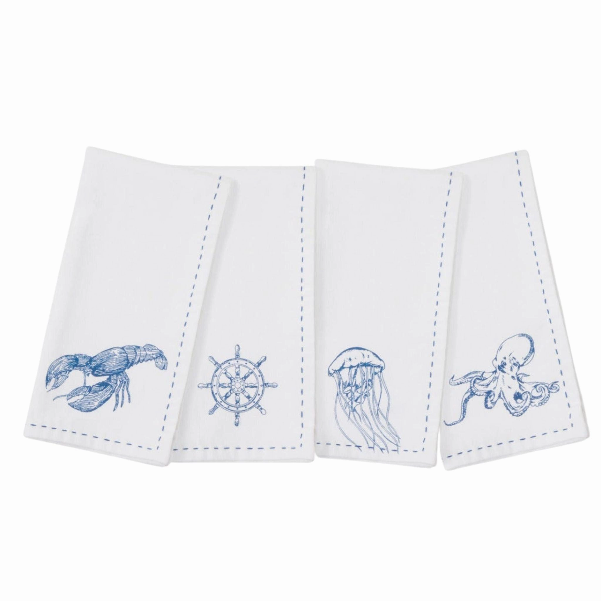 Set of Four White Cotton Napkins Sea Life Napkins cute desktop display