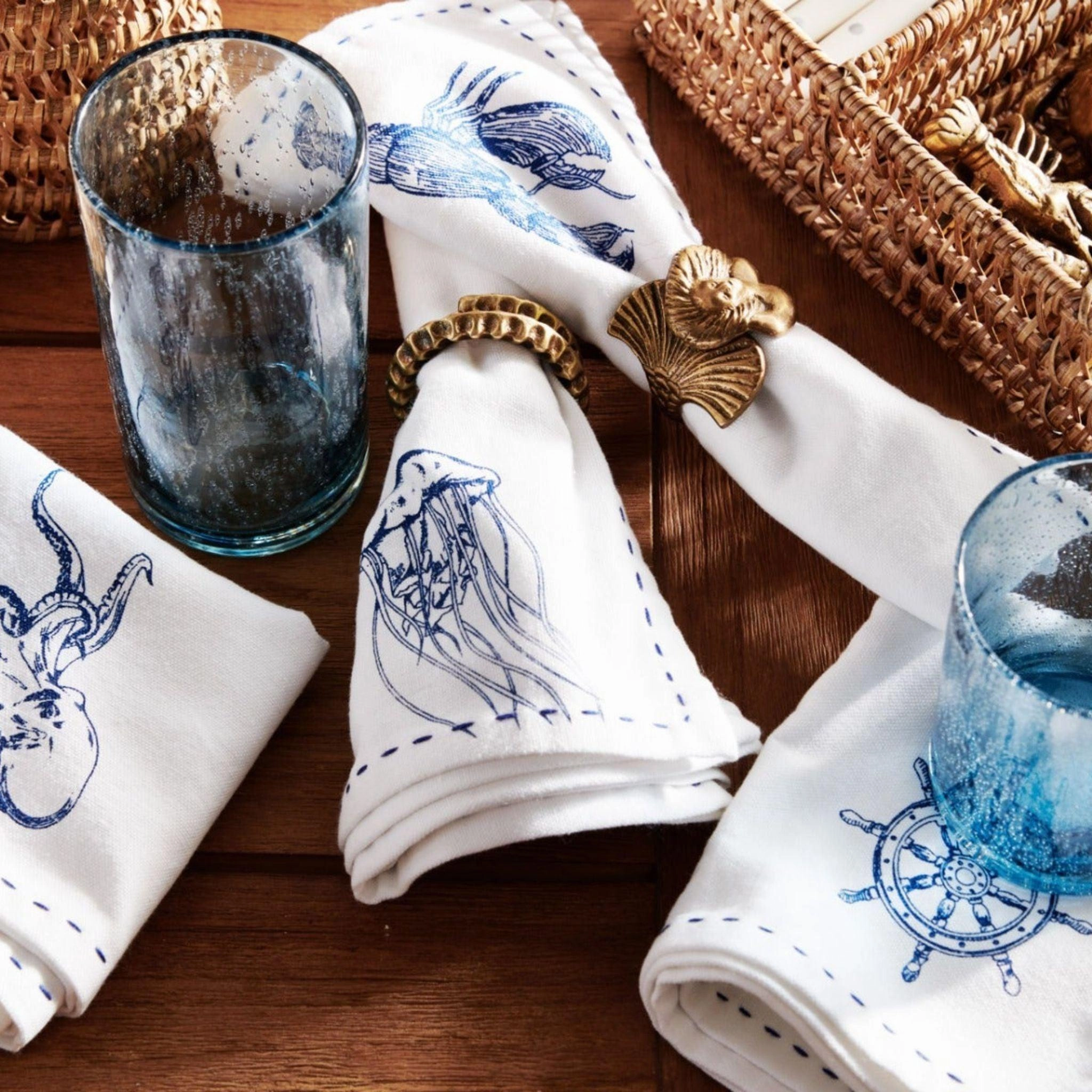 Set of Four White Cotton Napkins Sea Life Napkins