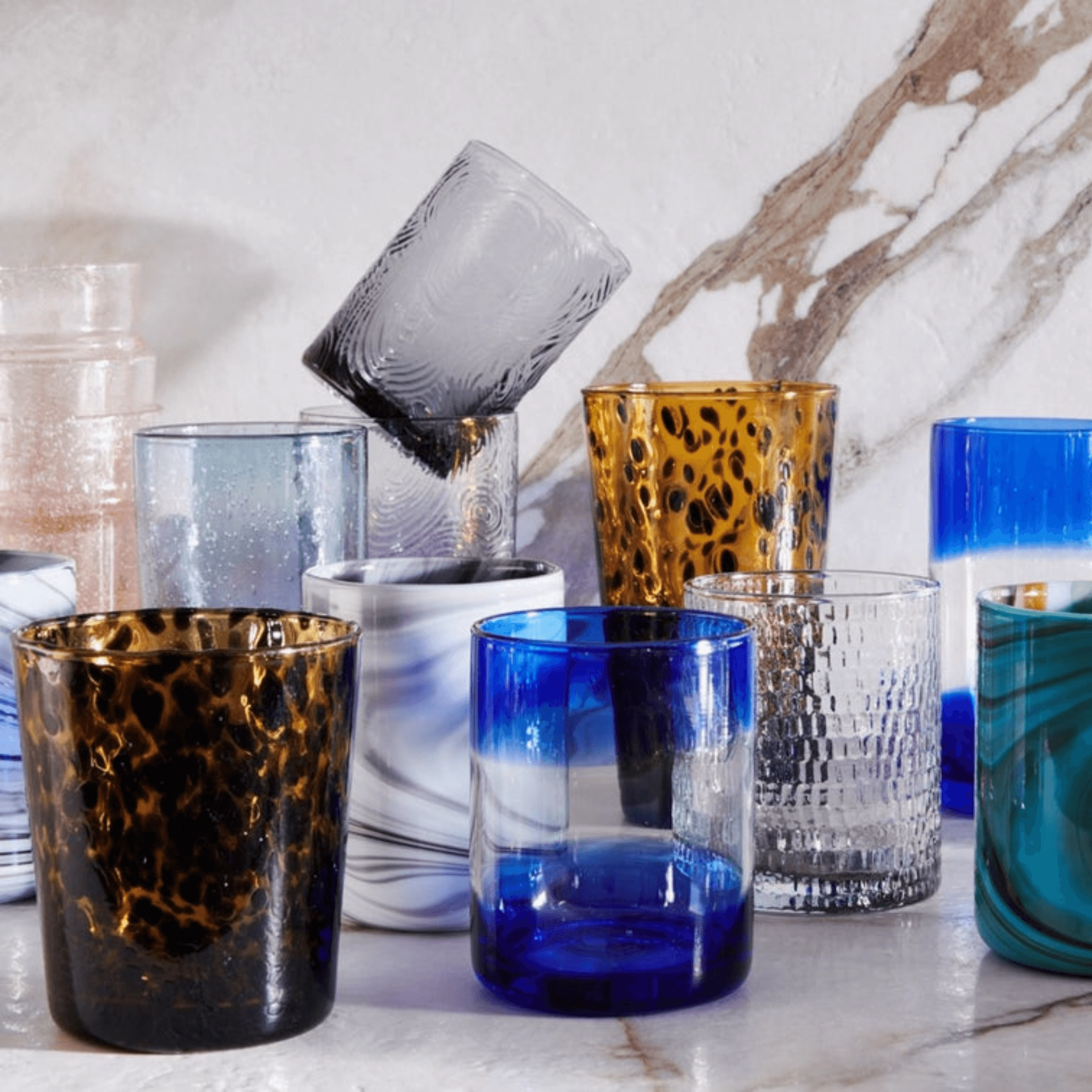 Set of Six Handblown Tortoise Shell Highball Glasses