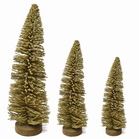 Shimmering Bottle Brush Christmas Tree on Wood Base Decoration, Gold wooden room decoration