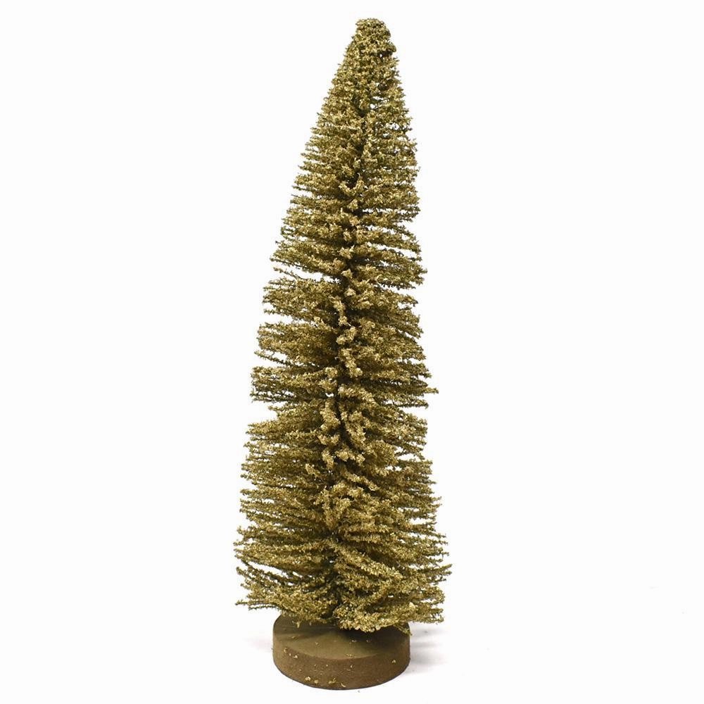 Shimmering Bottle Brush Christmas Tree on Wood Base Decoration, Gold