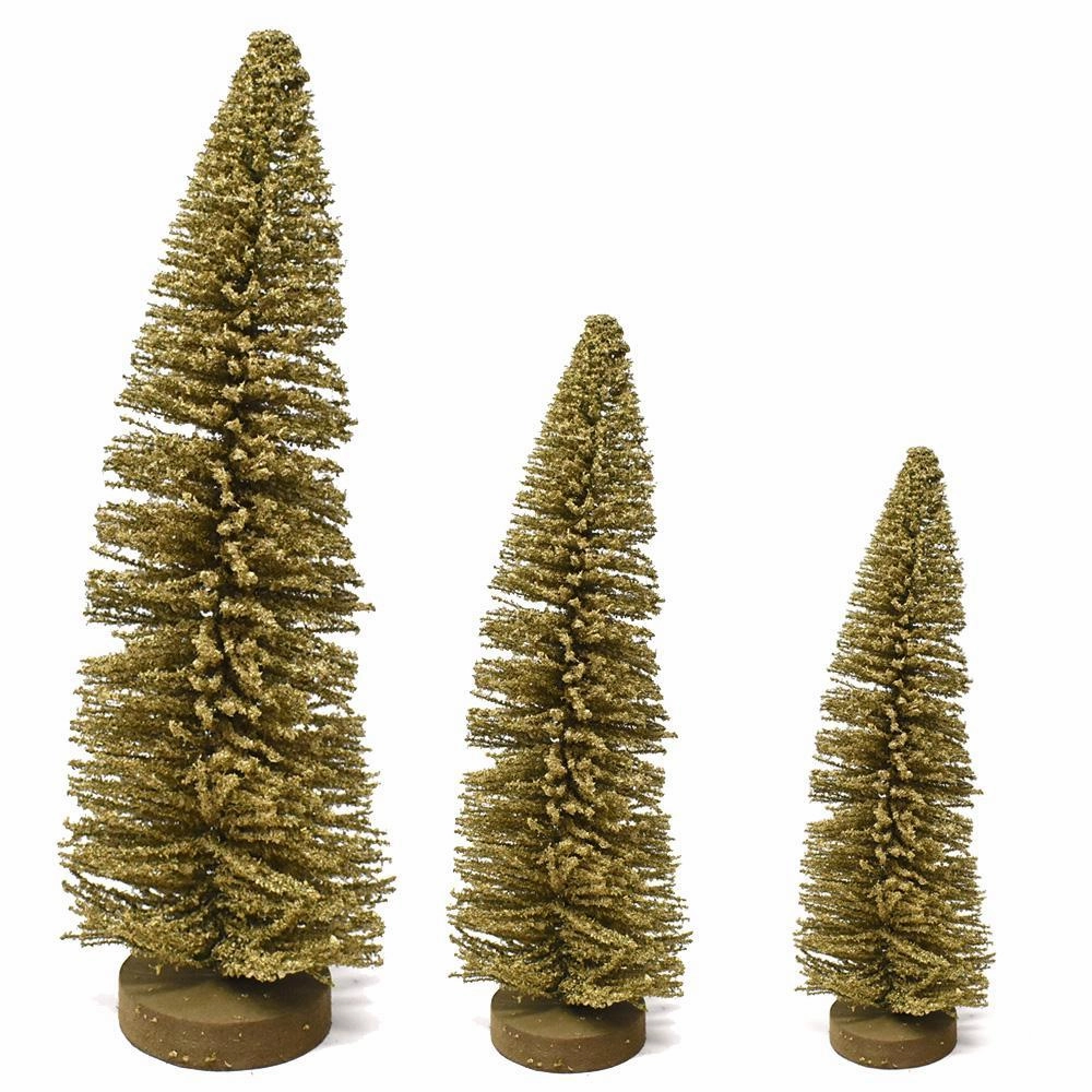 Shimmering Bottle Brush Christmas Tree on Wood Base Decoration, Gold wooden room decoration
