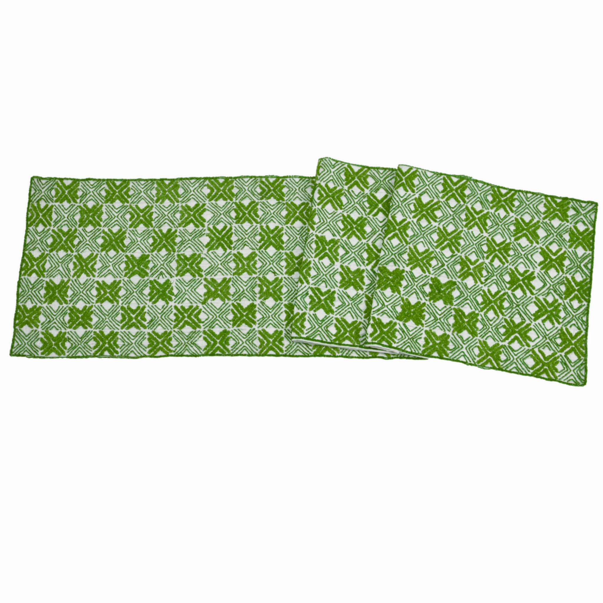 Silk and Chenille Hand Beaded Table Runner in Green cute desktop display