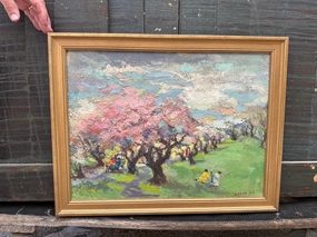 SMALL FRAMED IMPRESSIONIST LANDSCAPE OIL PAINTING WITH TREES AND 2 LADIES SIGNED ARMUNDO SOZIO '65 artistic wall mural