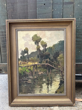 SMALL FRAMED IMPRESSIONIST LANDSCAPE OIL PAINTING WITH TREES AND BRIDGE OVER WATER SIGNED artistic wall mural