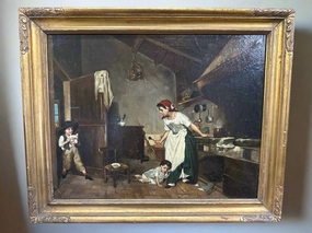 SMALL FRAMED ITALIAN OIL PAINTING OF AN INTERIOR SCENE WITH CHILDREN artistic wall mural