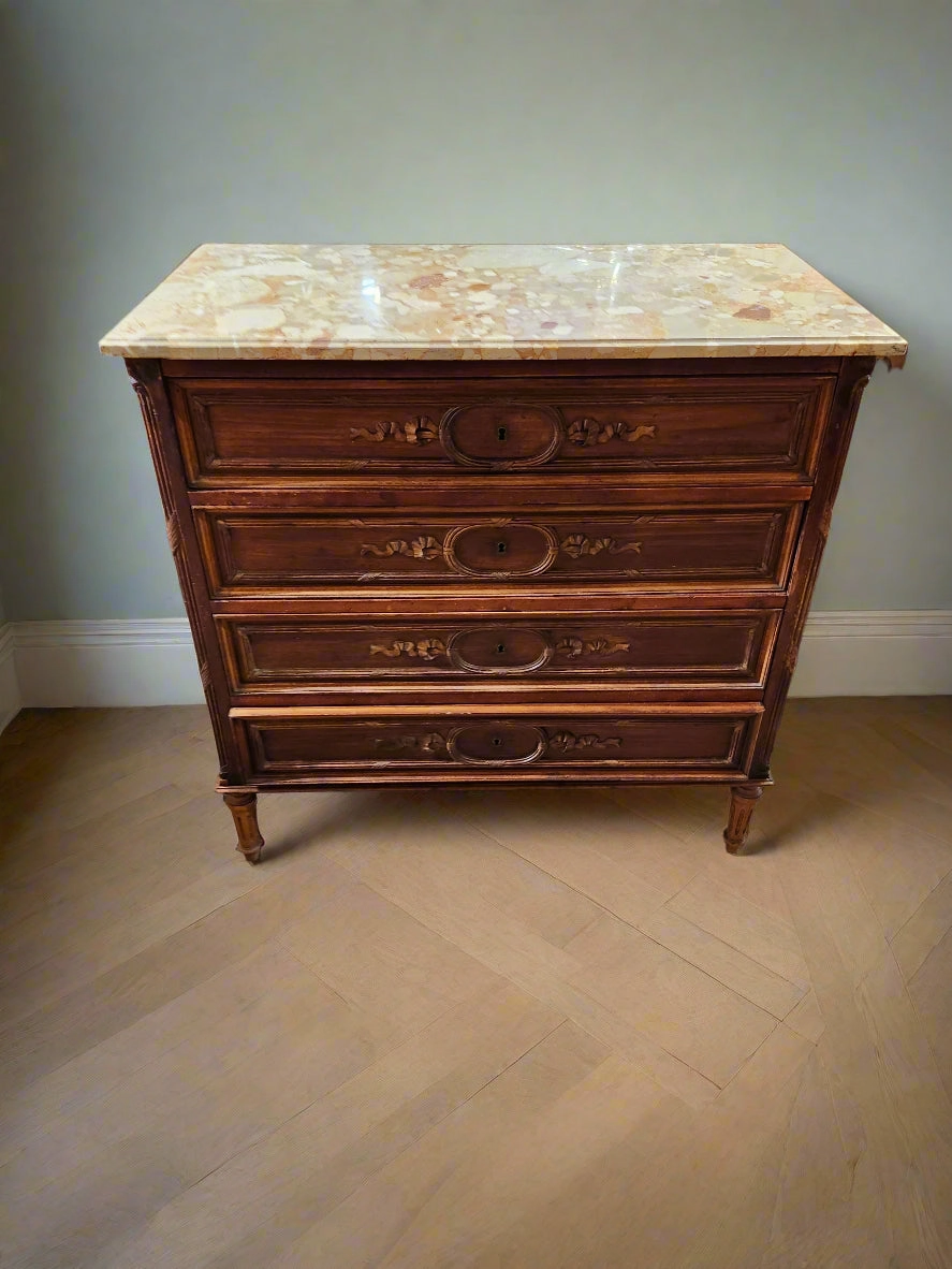 SMALL LOUIS XVI MARBLE TOP 4 DRAWER WALNUT COMMODE