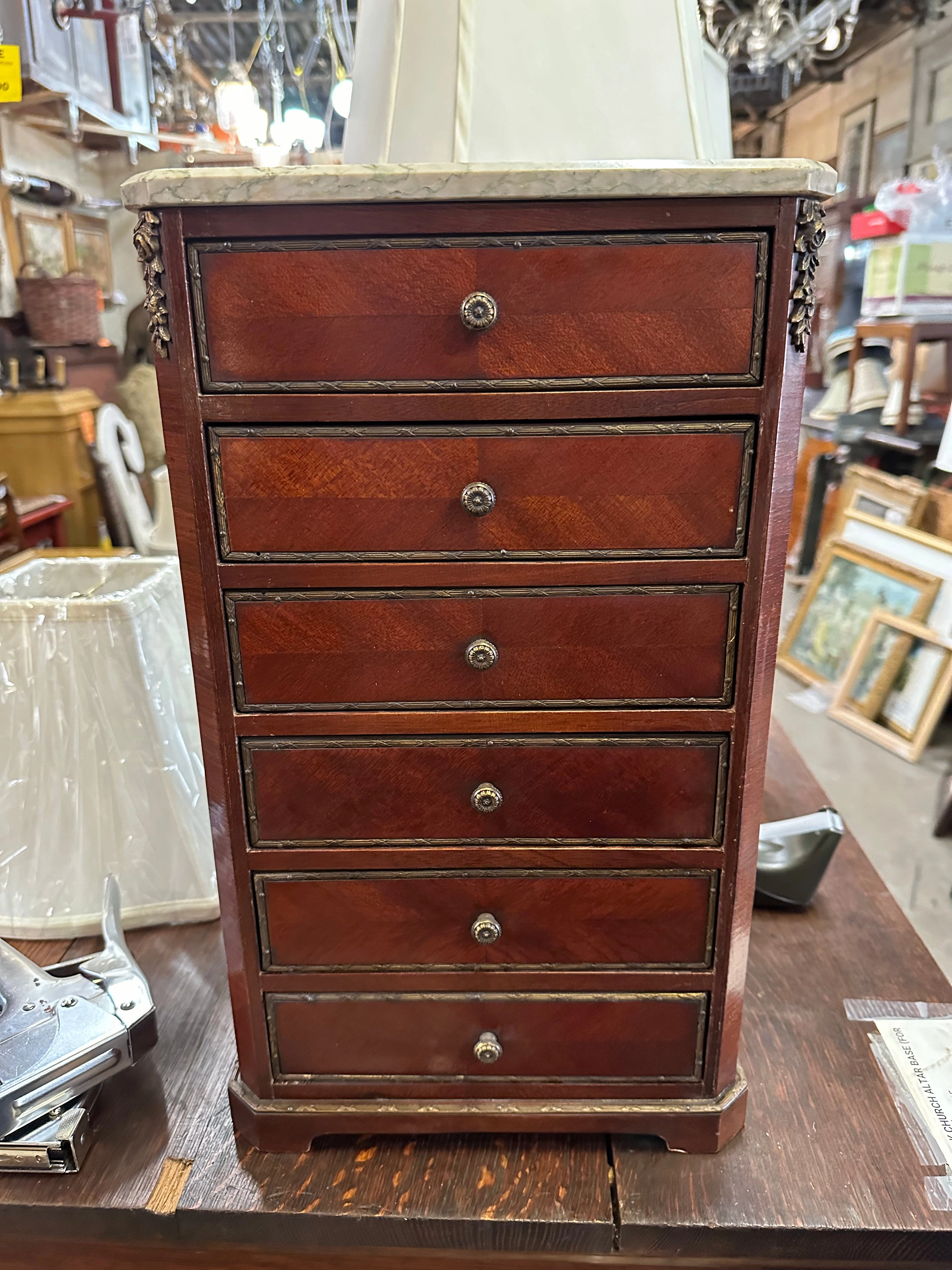 SMALL SIX DRAWER JEWELRY CHEST WITH MARBLE