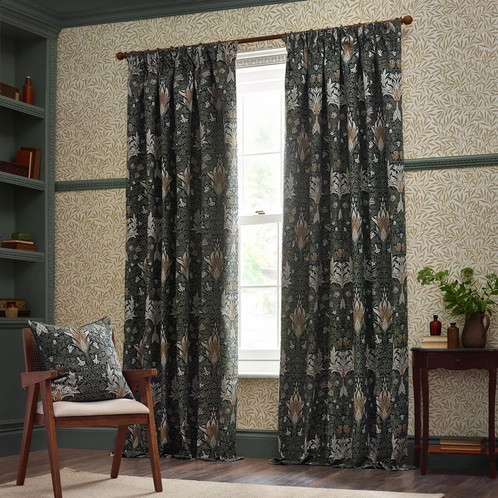 Snakeshead Jacquard Chenille Pencil Pleat Curtains Indigo/Leaf
