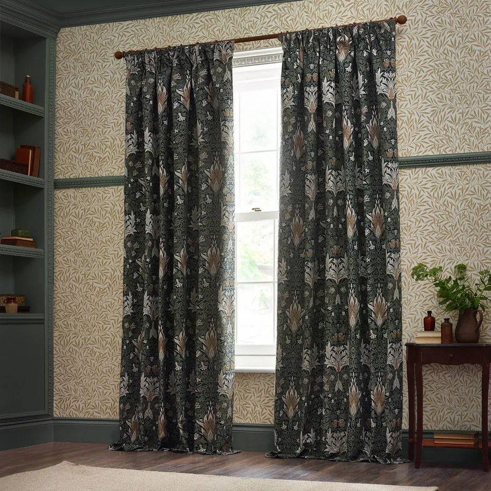 Snakeshead Jacquard Chenille Pencil Pleat Curtains Indigo/Leaf