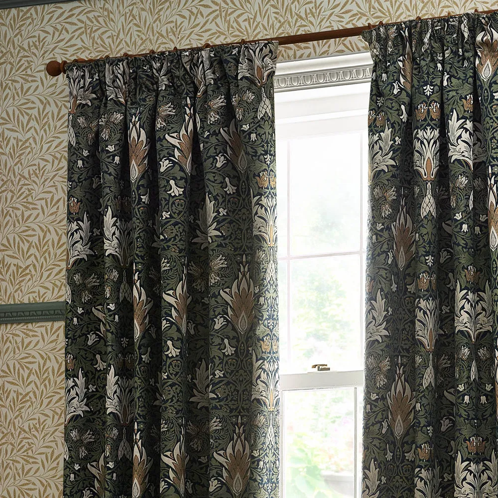Snakeshead Jacquard Chenille Pencil Pleat Curtains Indigo/Leaf