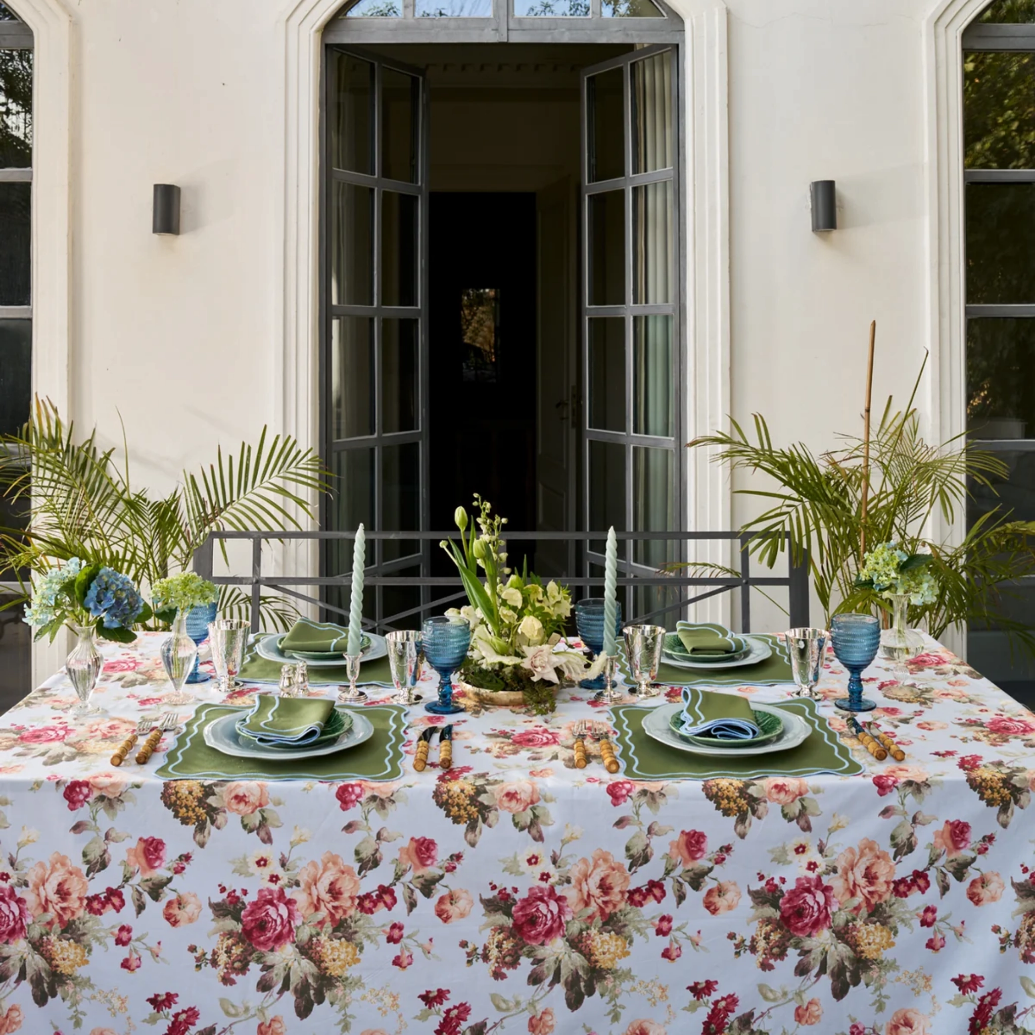 Square Green Linen Placemat with Light Blue Trim