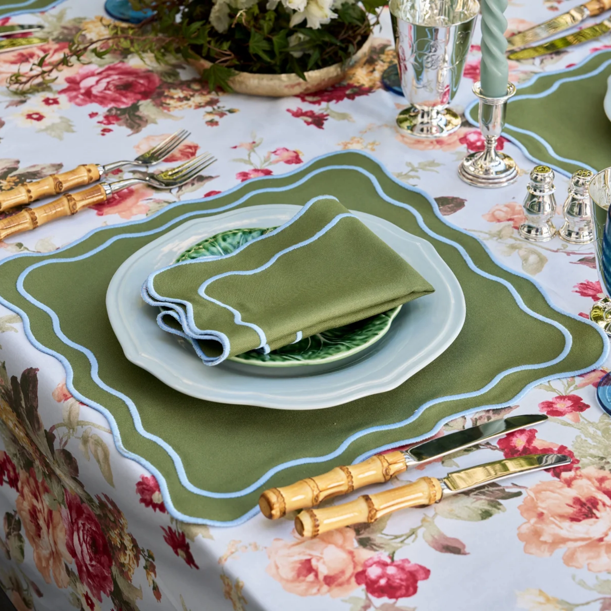 Square Green Linen Placemat with Light Blue Trim