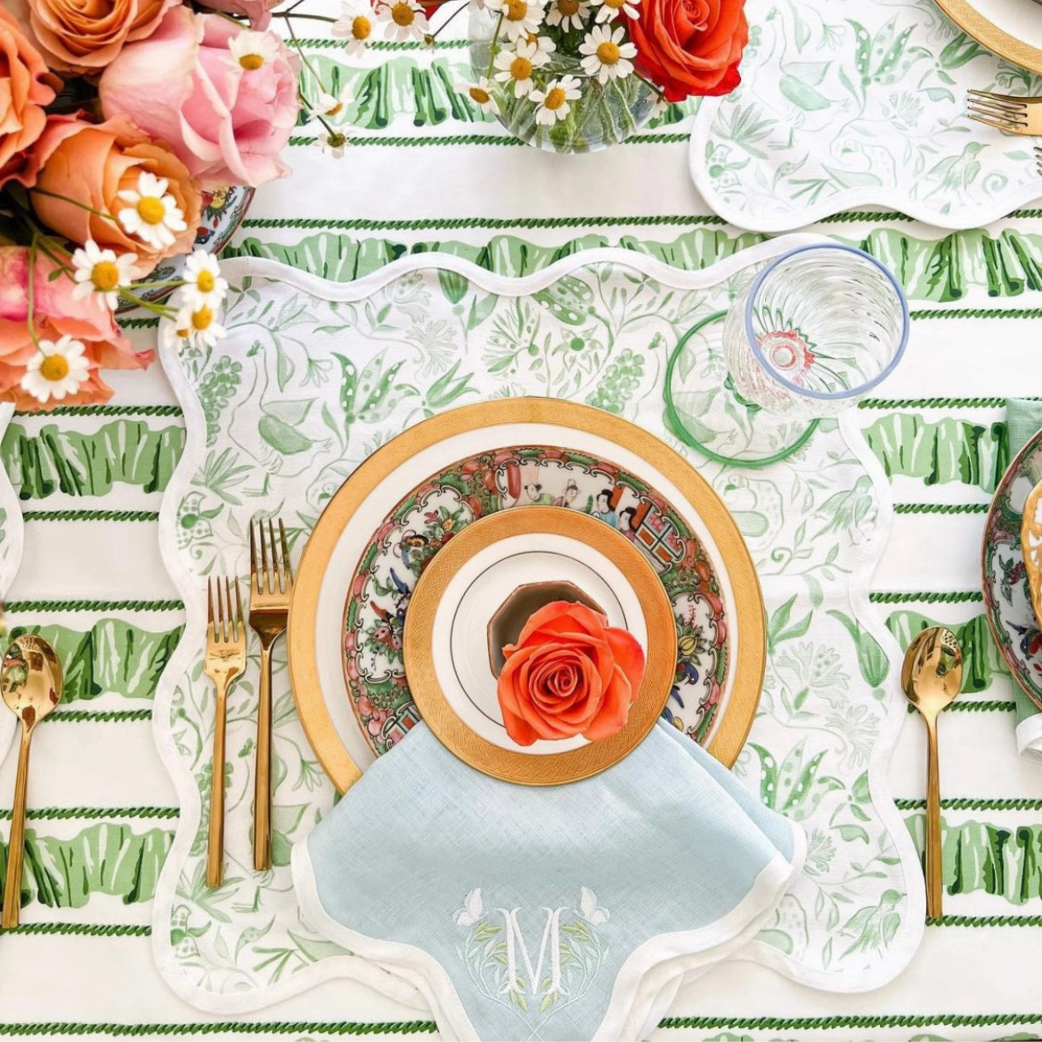 Square Scalloped Placemat, Birds of Paradise - Green