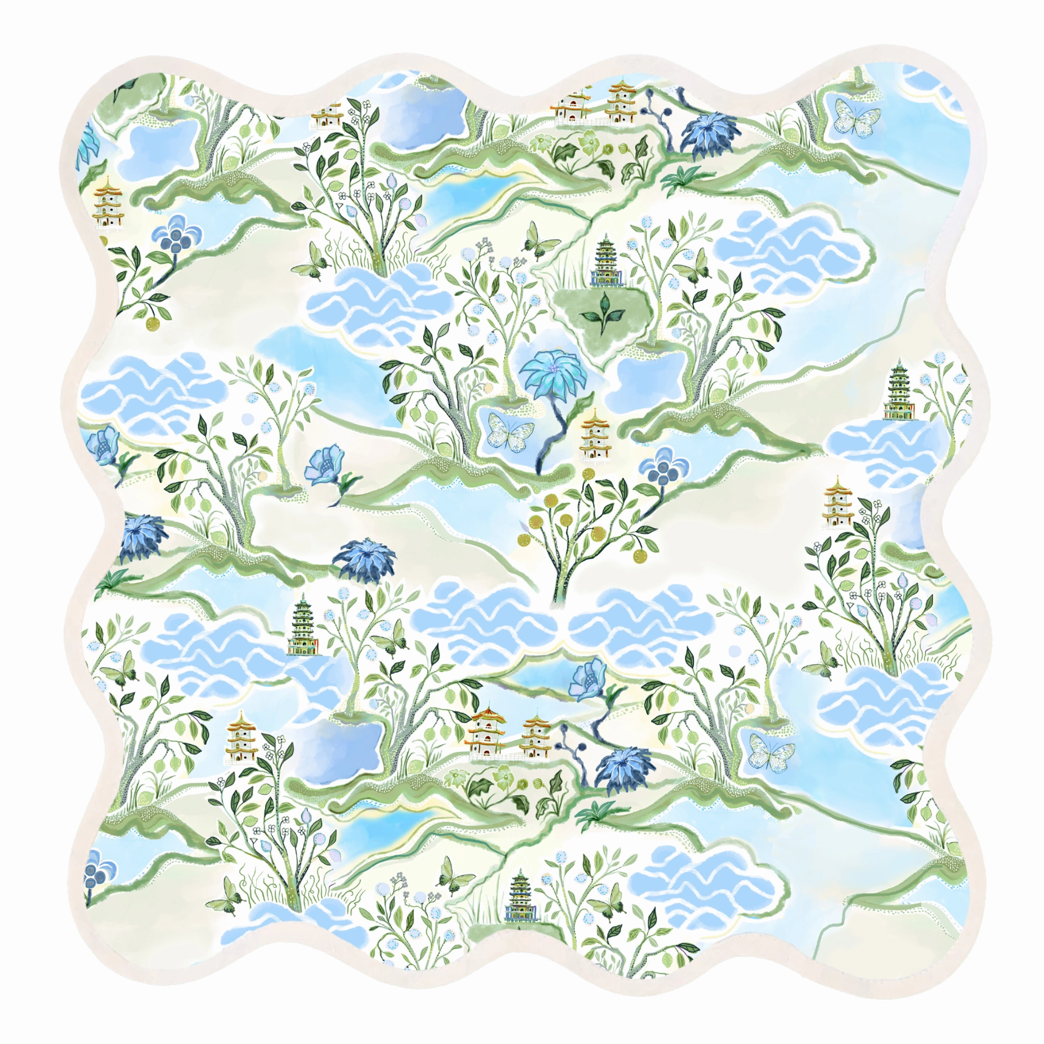 Square Scalloped Placemat, Blue Pagoda mini desktop sculpture