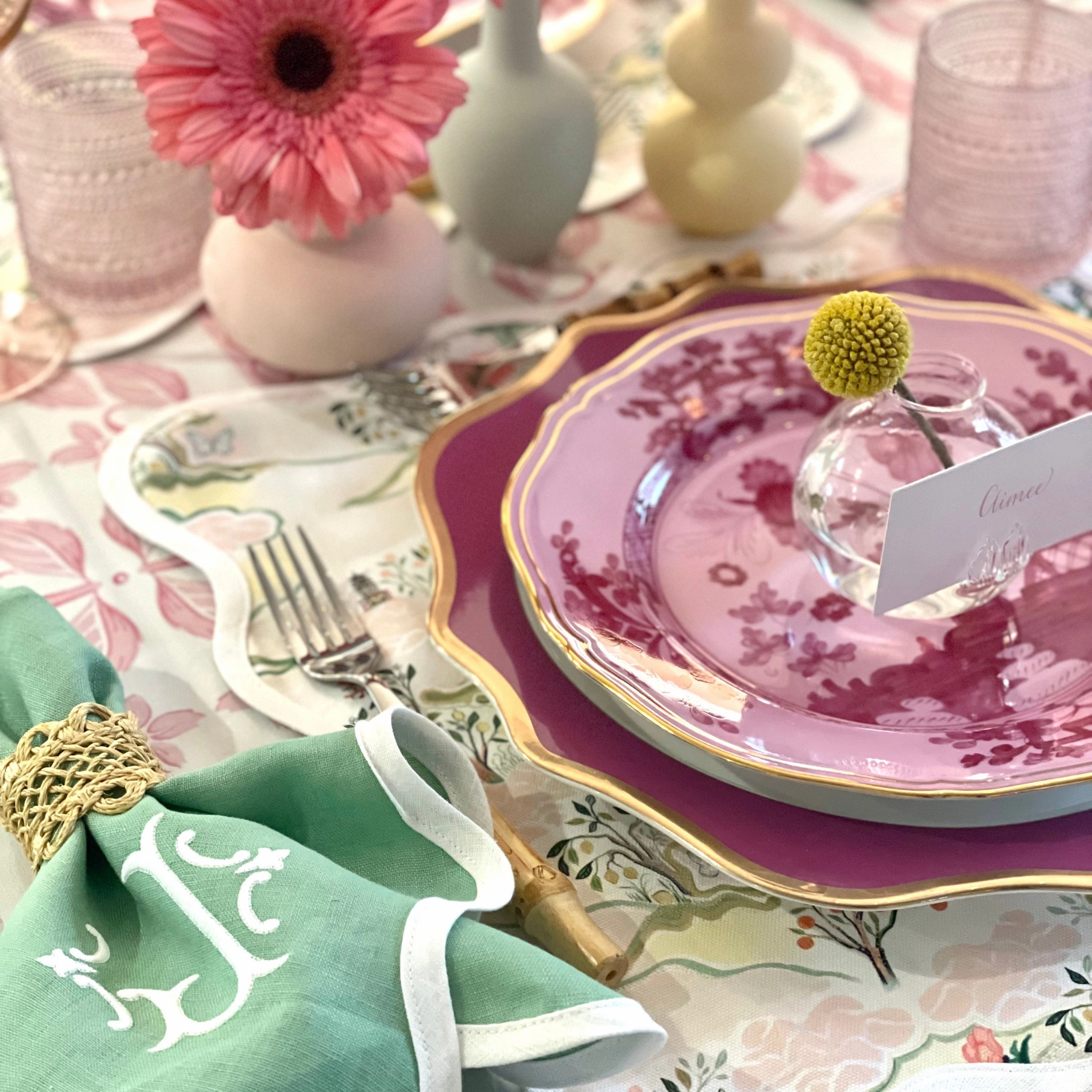 Square Scalloped Placemat, Pink Pagoda
