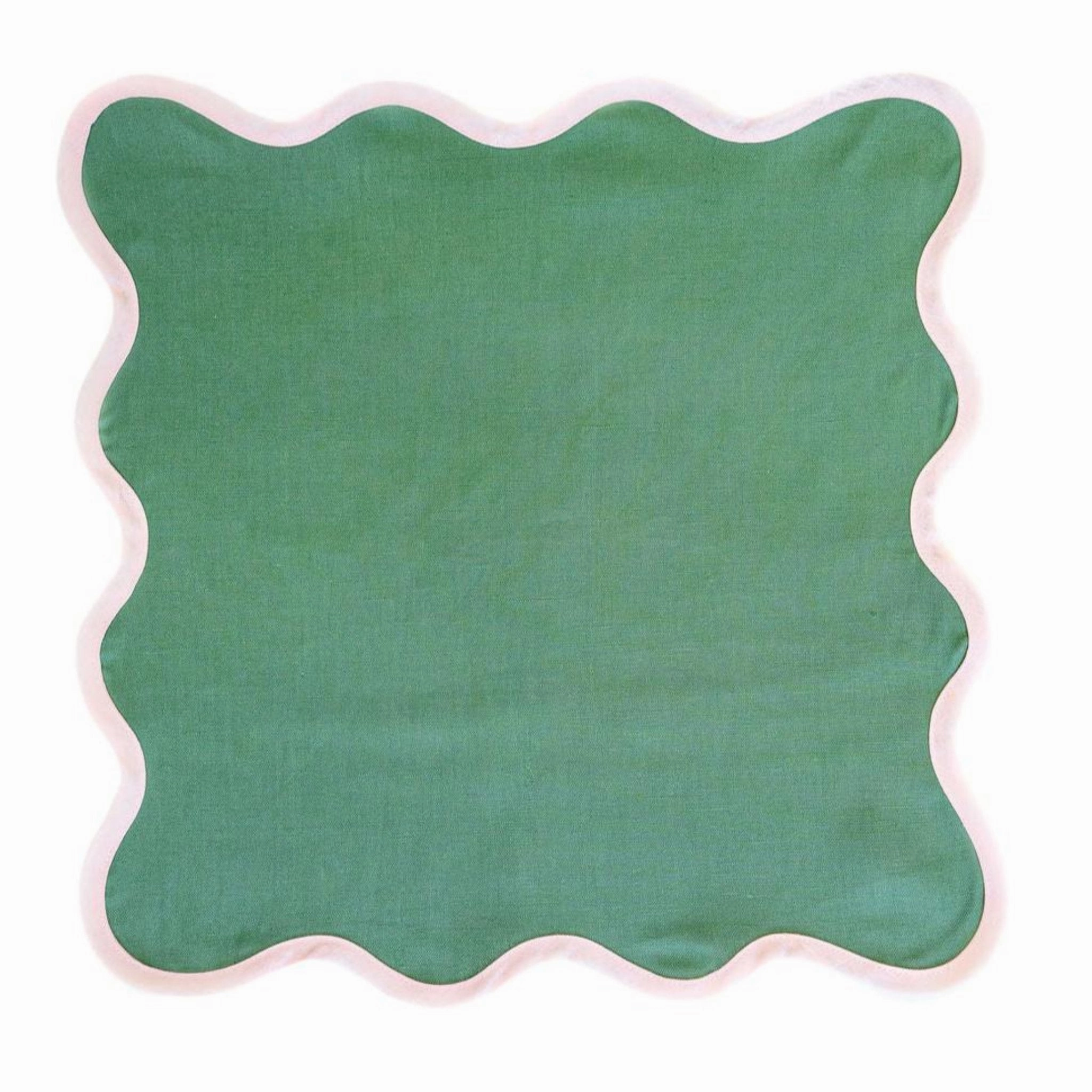 Square Scalloped Table Linen, Pine Green With Peony Pink Trim