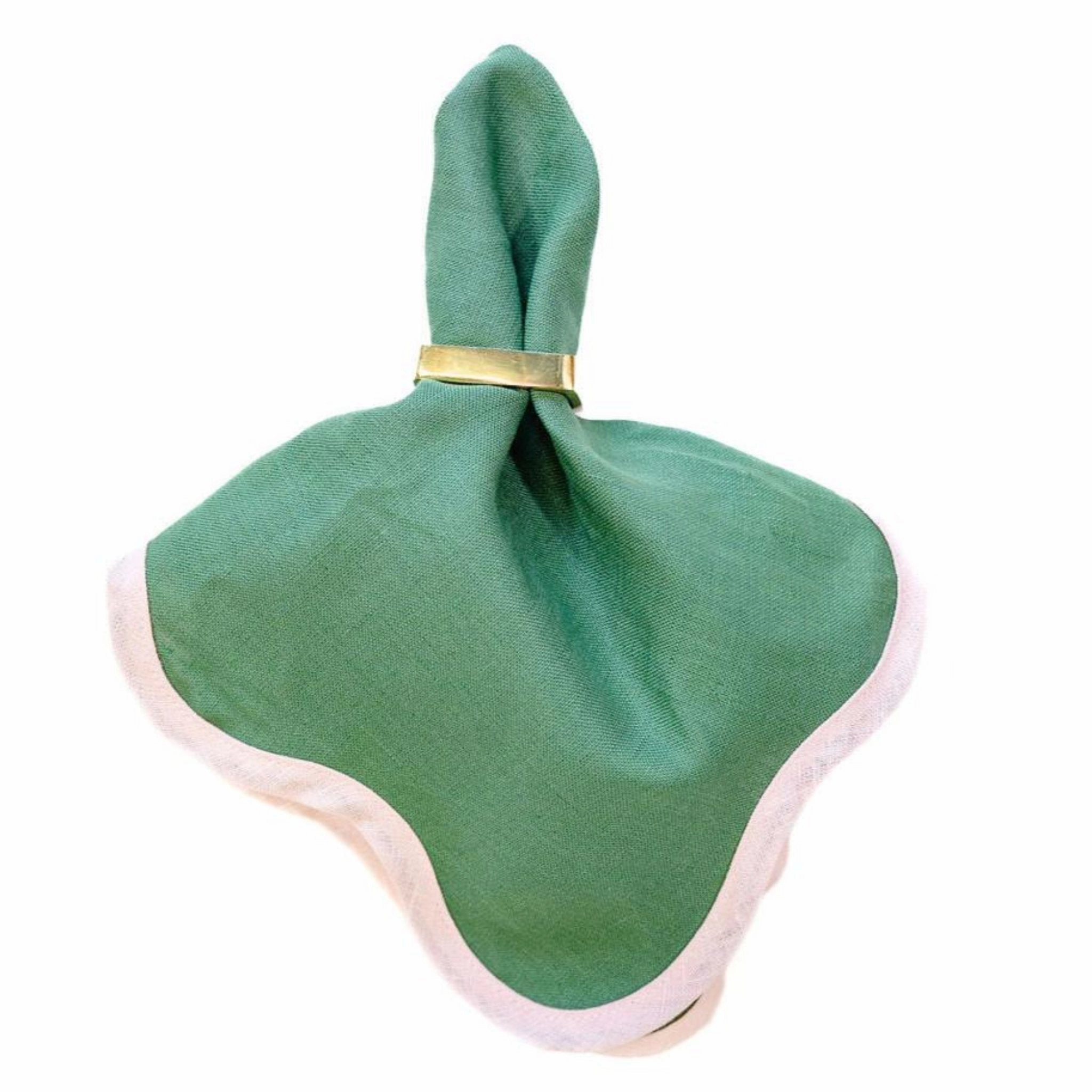 Square Scalloped Table Linen, Pine Green With Peony Pink Trim