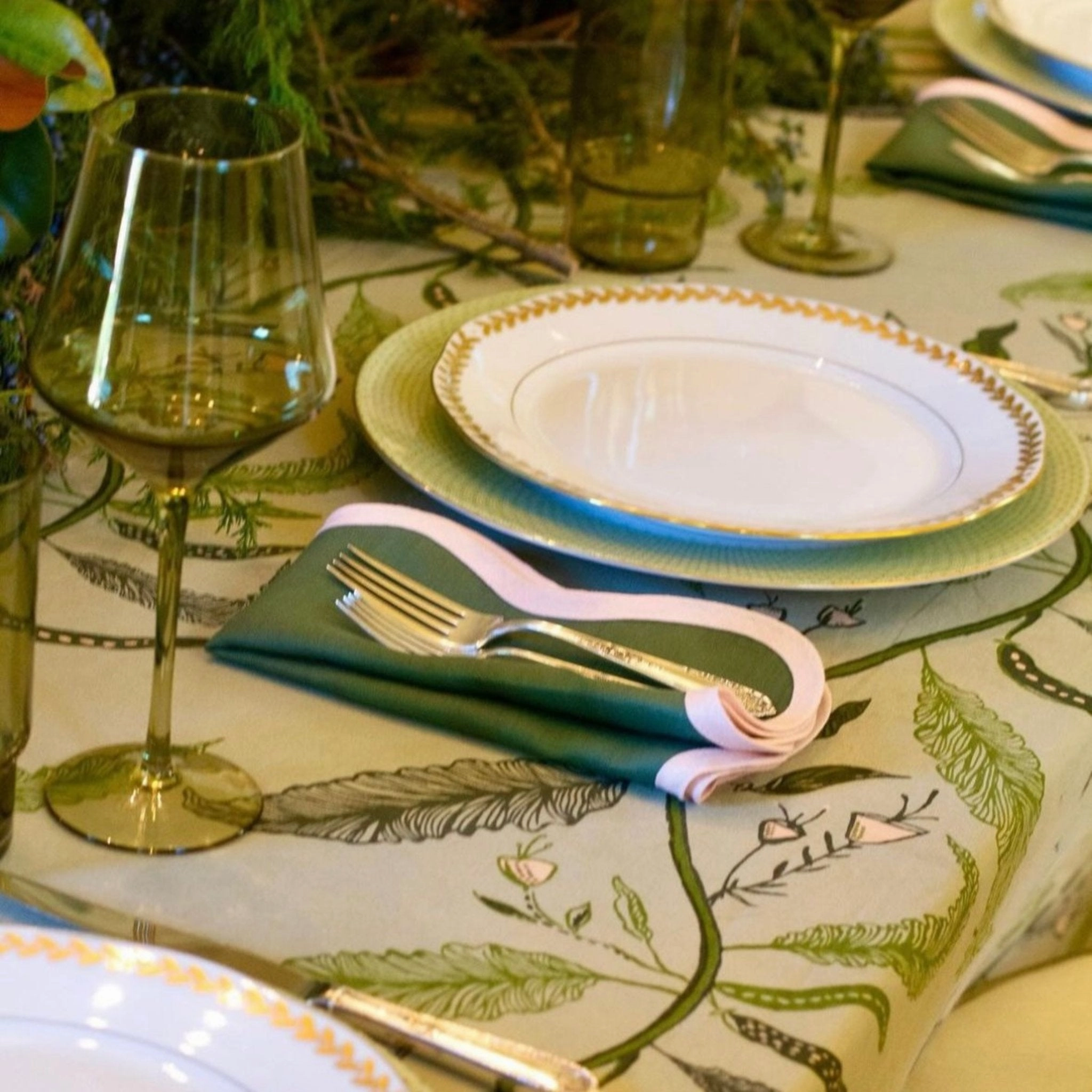 Square Scalloped Table Linen, Pine Green With Peony Pink Trim