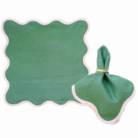 Square Scalloped Table Linen, Pine Green With Peony Pink Trim cute desktop display