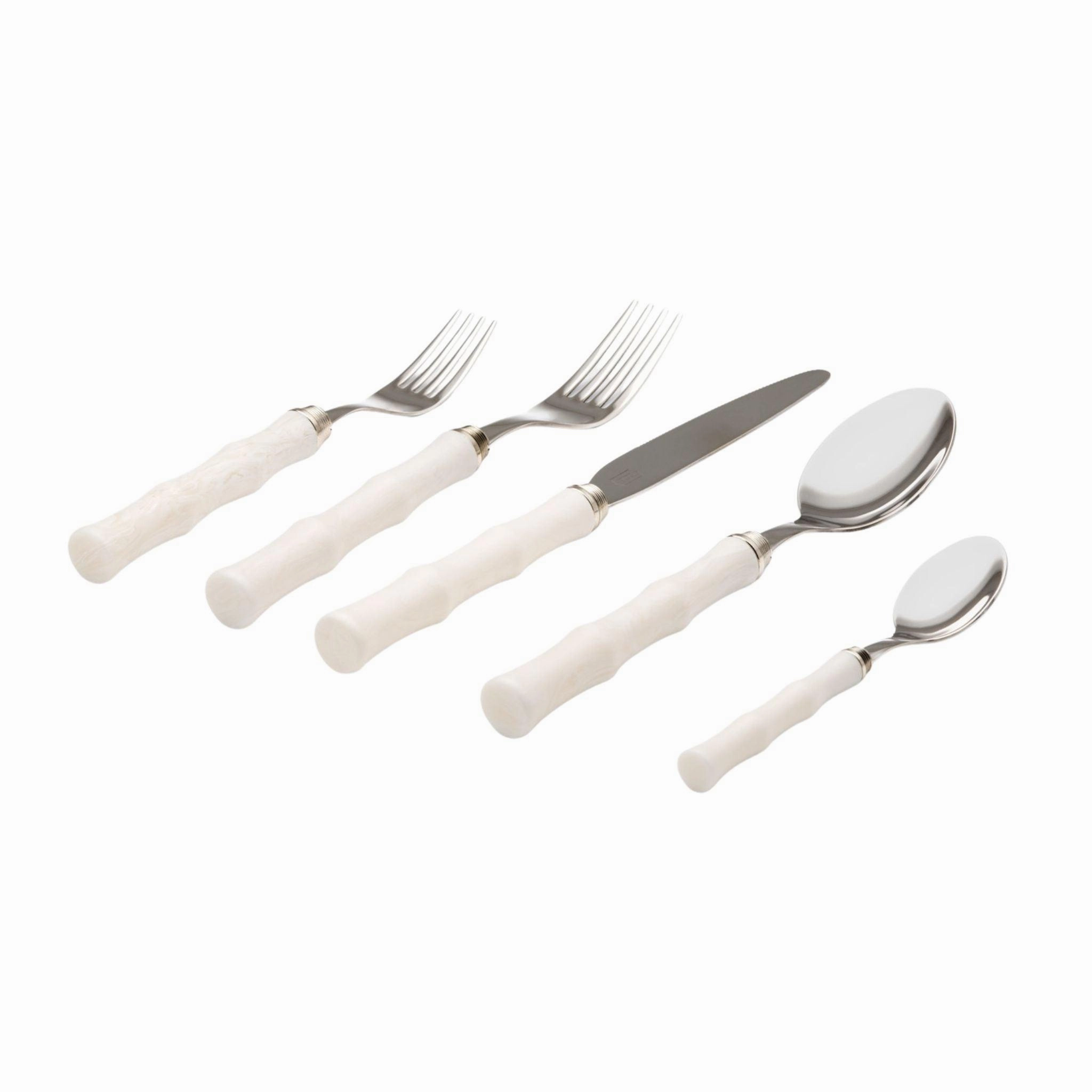 Stainless Steel and Faux Ivory Bamboo Five Piece Flatware Set