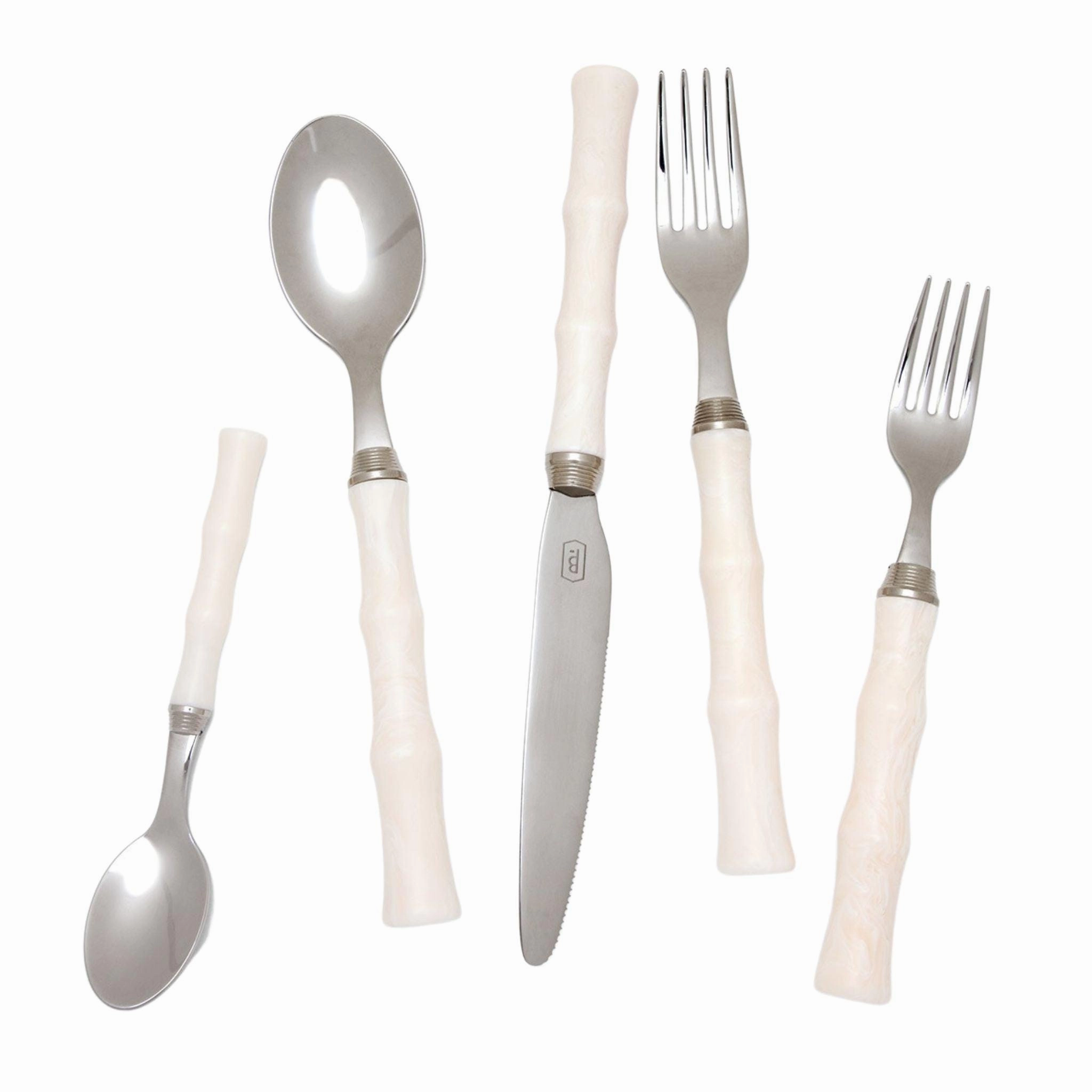 Stainless Steel and Faux Ivory Bamboo Five Piece Flatware Set