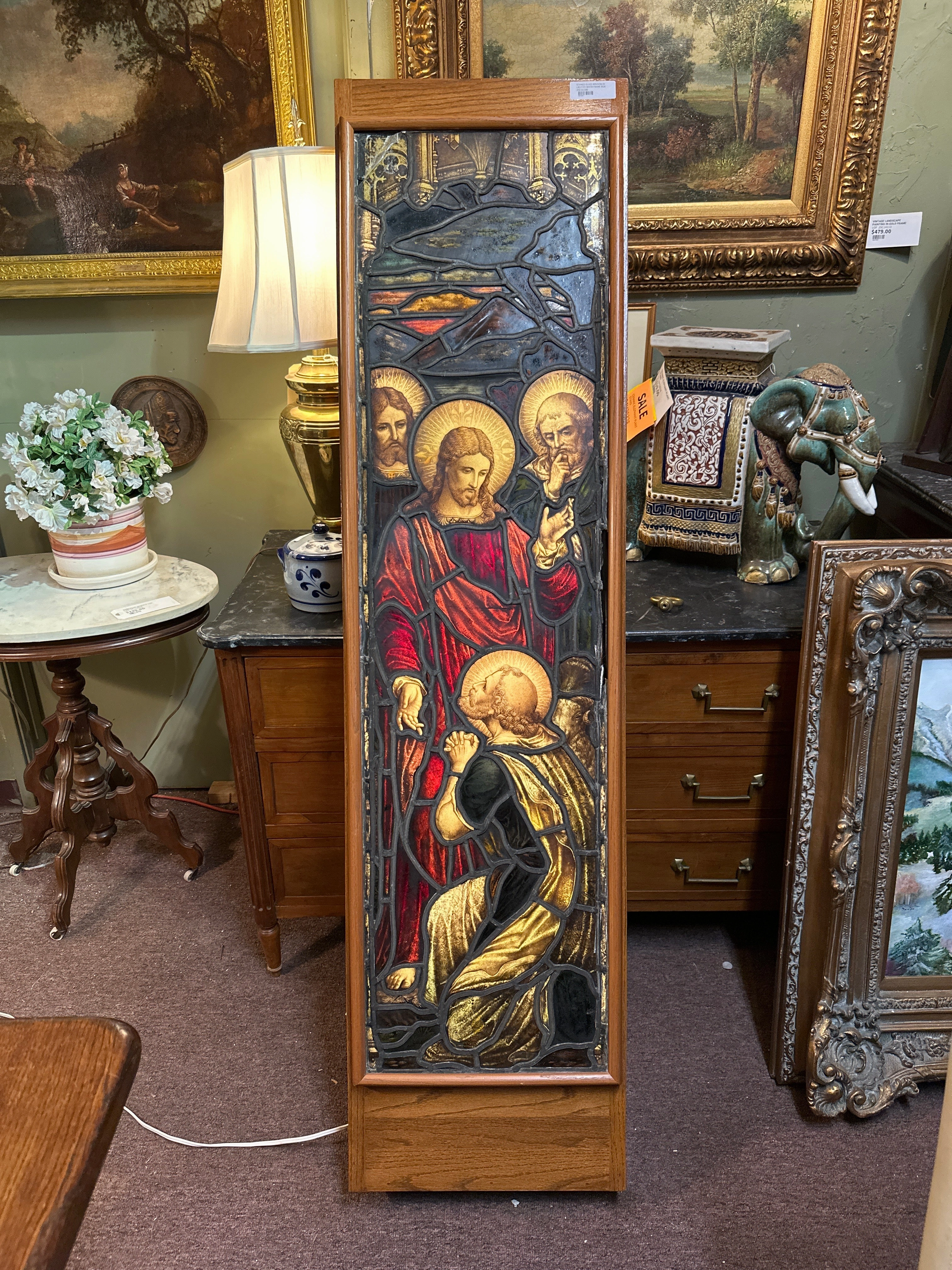 STANED GLASS WINDOW IN LIGHTED WOOD FRAME BOX artistic wall mural