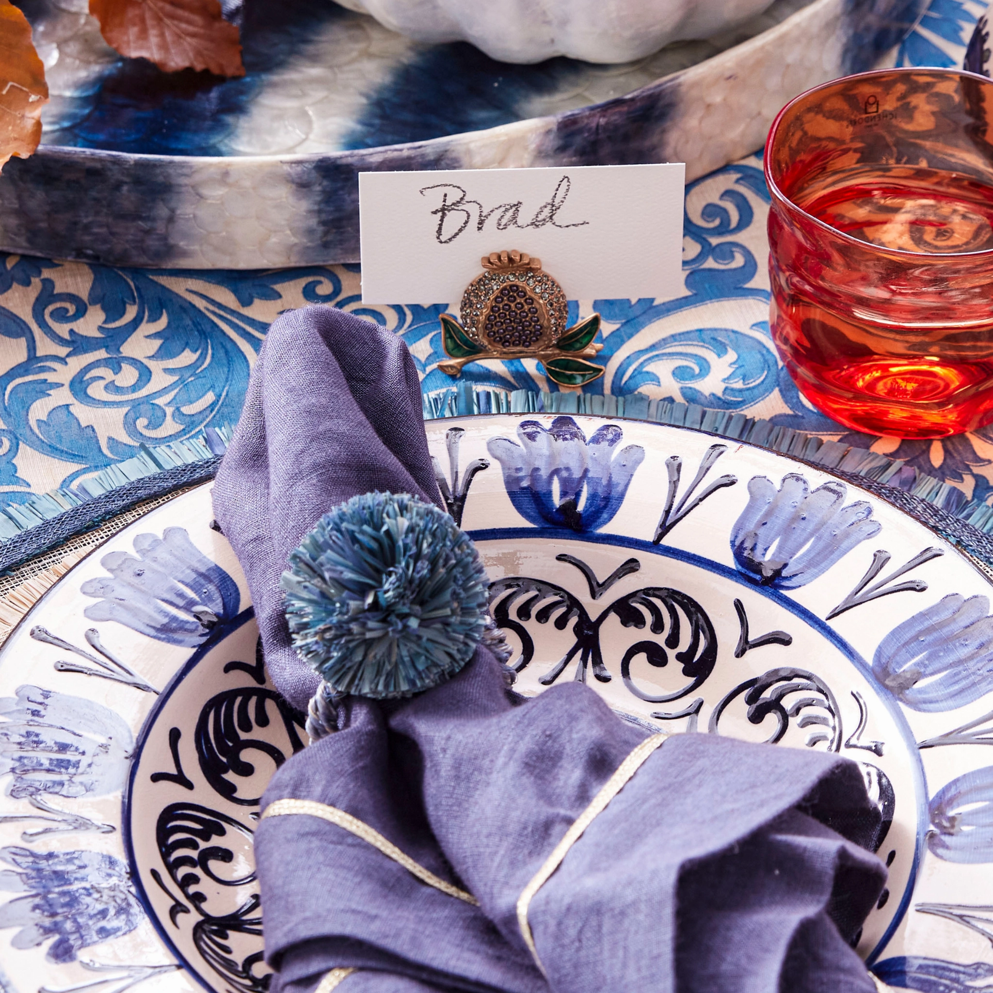 Straw Pompom Napkin Rings, Indigo, Set of Four