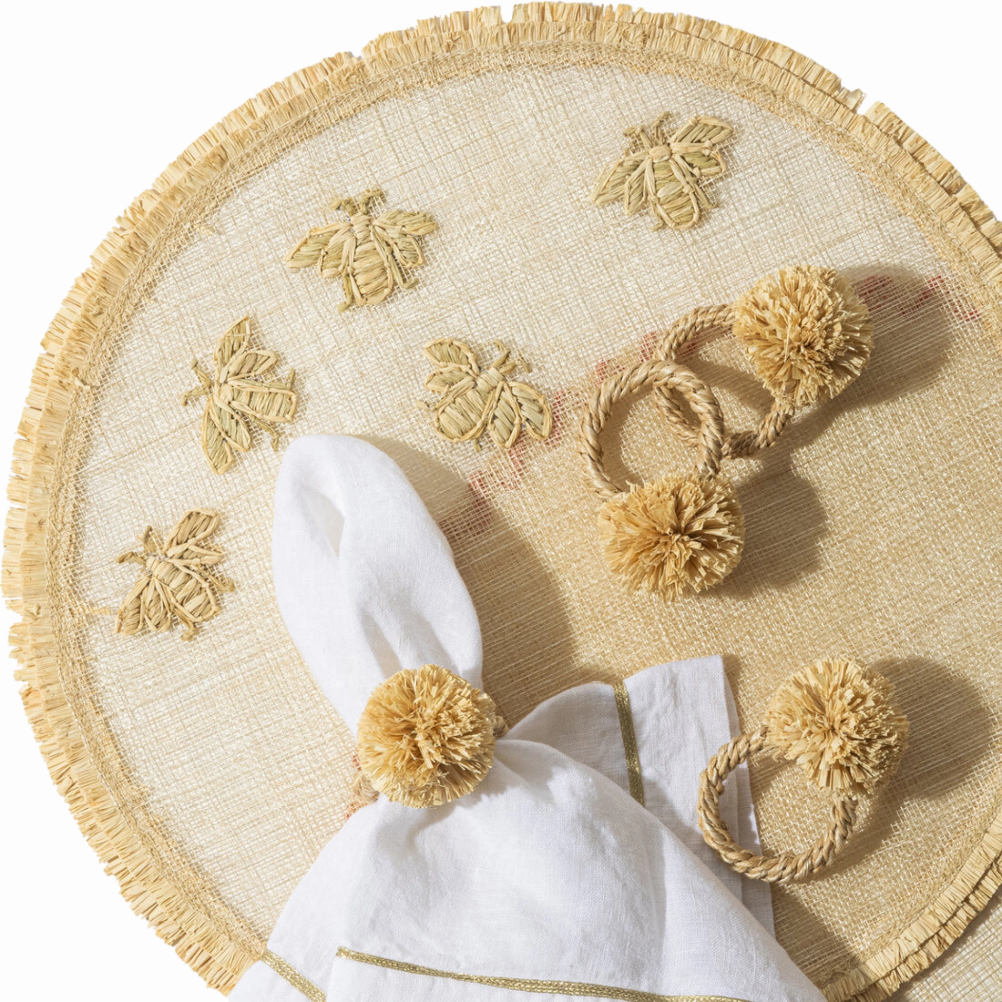 Straw Pompom Napkin Rings, Natural, Set of Four