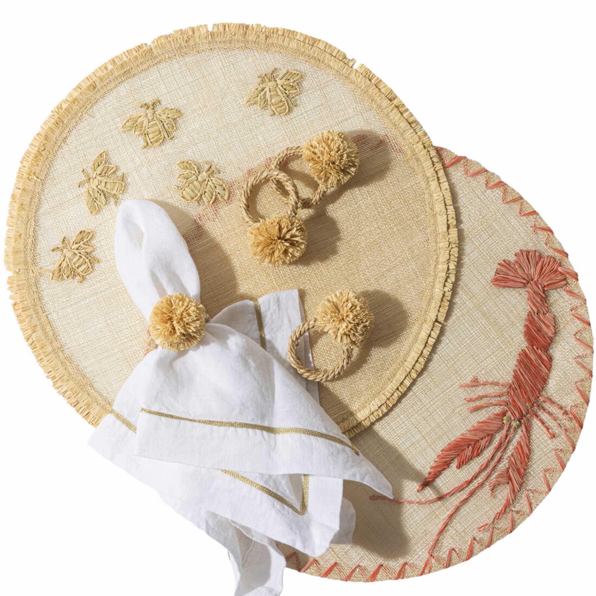 Straw Pompom Napkin Rings, Natural, Set of Four