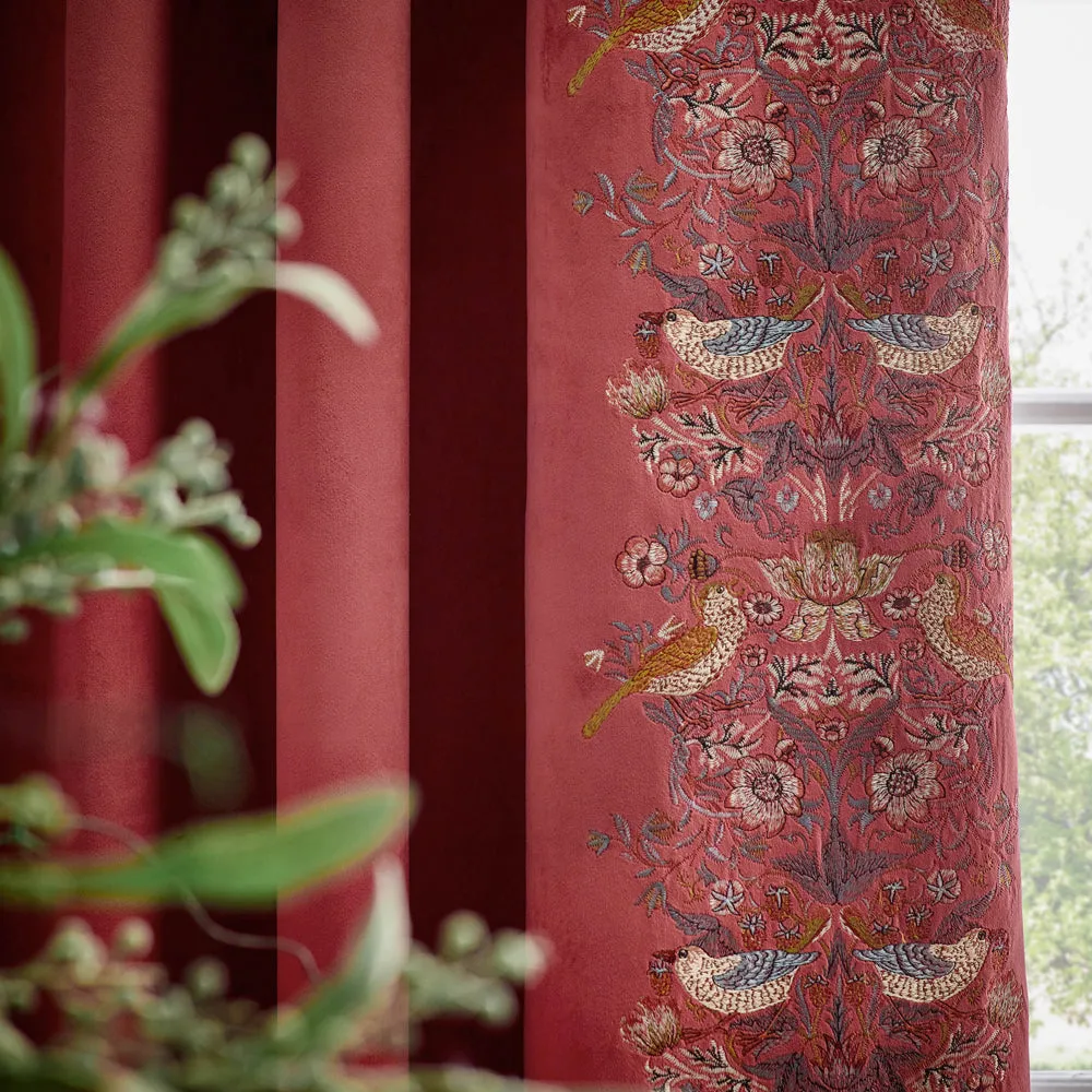 Strawberry Thief Embroidered Floral Velvet Pencil Pleat Curtains Berry