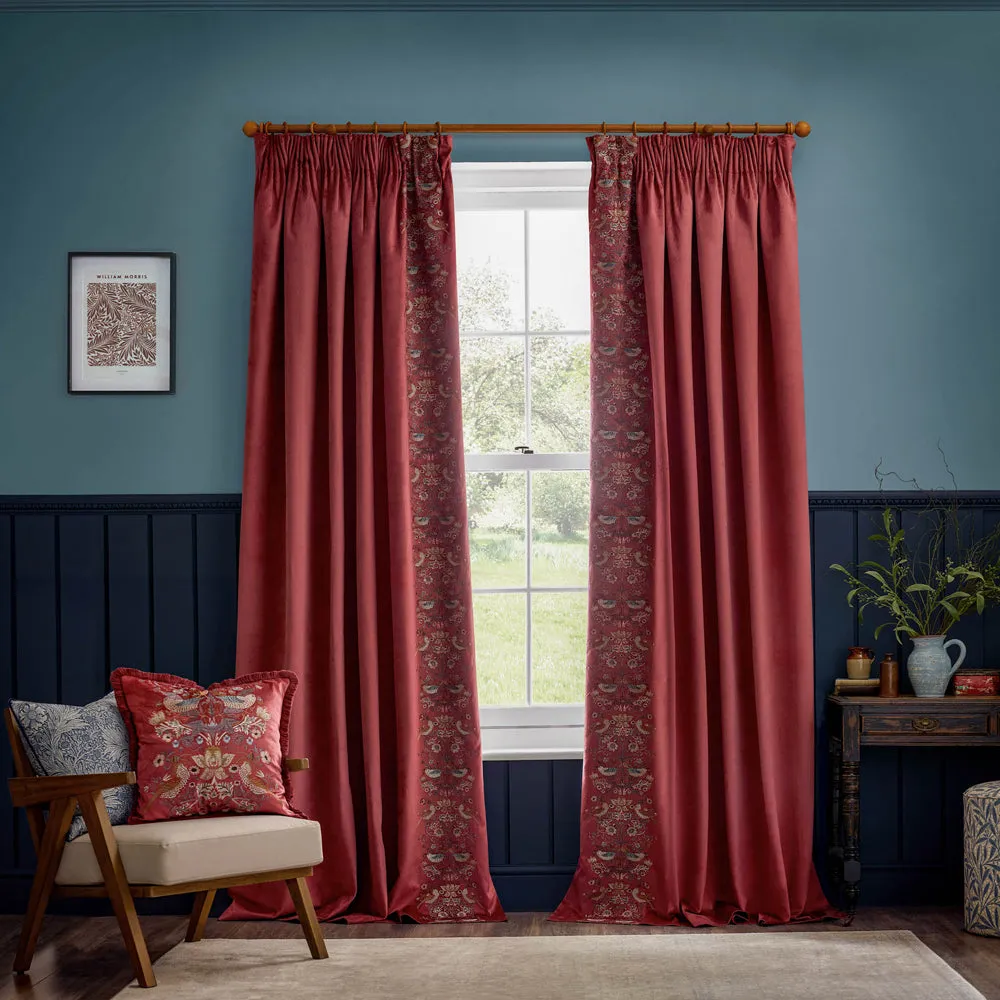 Strawberry Thief Embroidered Floral Velvet Pencil Pleat Curtains Berry