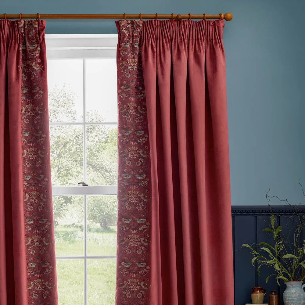 Strawberry Thief Embroidered Floral Velvet Pencil Pleat Curtains Berry