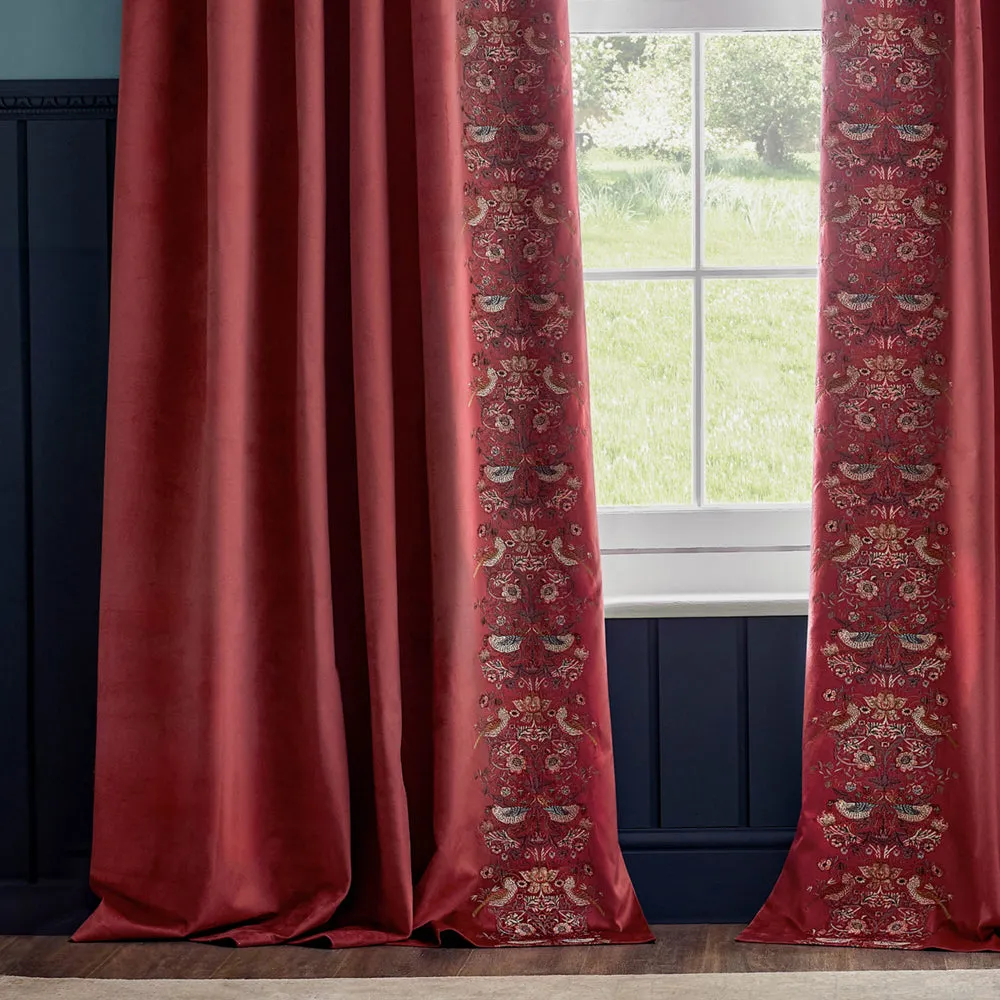 Strawberry Thief Embroidered Floral Velvet Pencil Pleat Curtains Berry