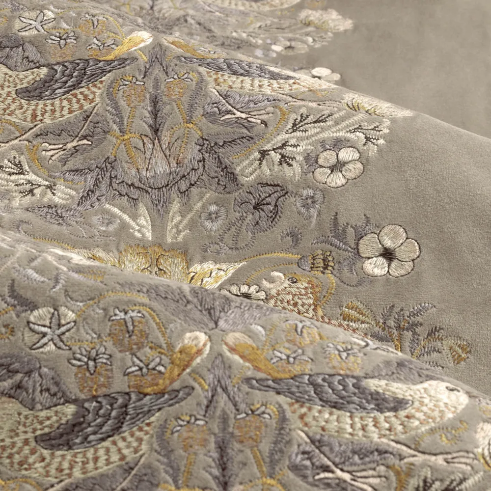 Strawberry Thief Embroidered Floral Velvet Pencil Pleat Curtains Biscuit