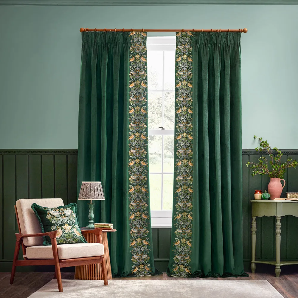 Strawberry Thief Embroidered Floral Velvet Pencil Pleat Curtains Forest Green