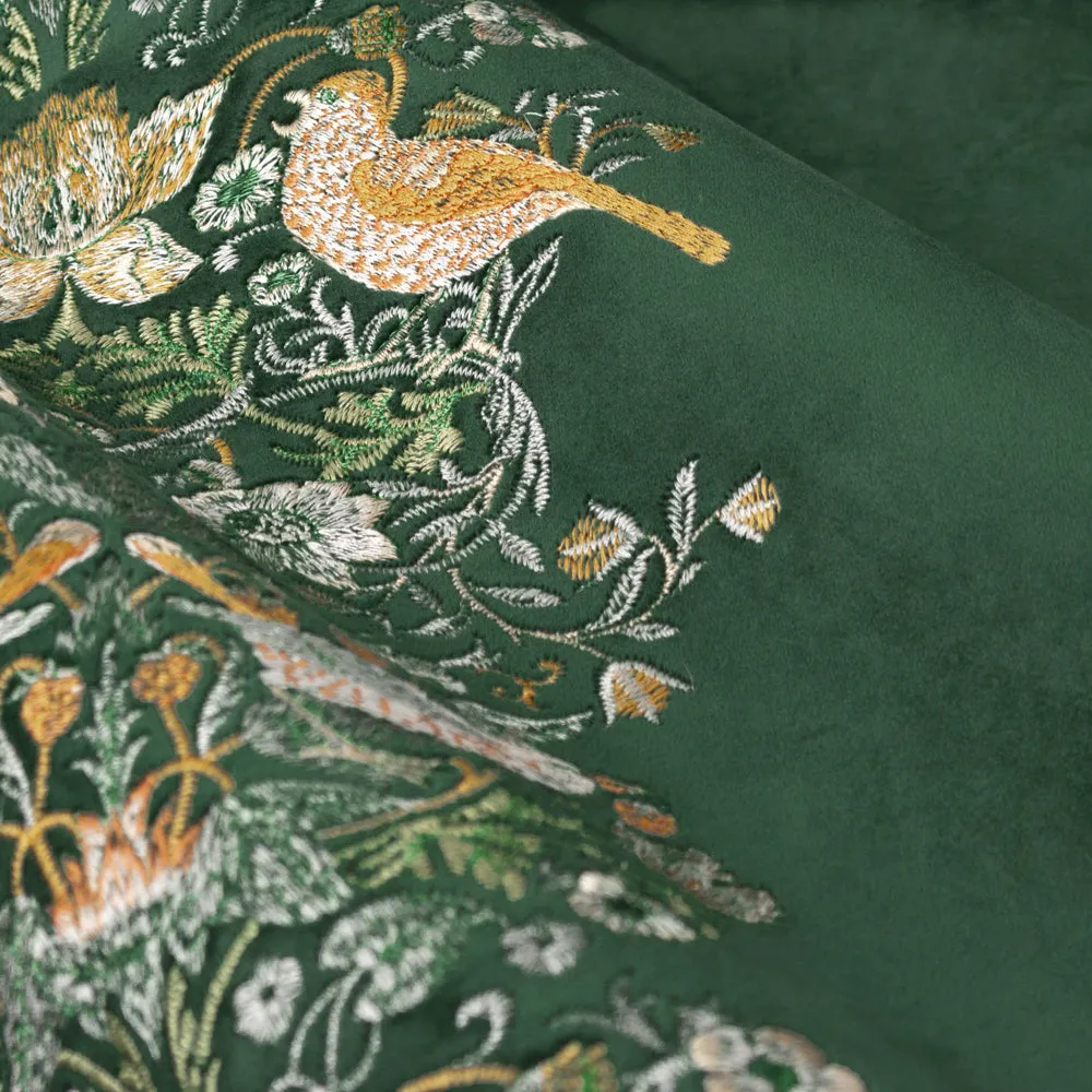 Strawberry Thief Embroidered Floral Velvet Pencil Pleat Curtains Forest Green